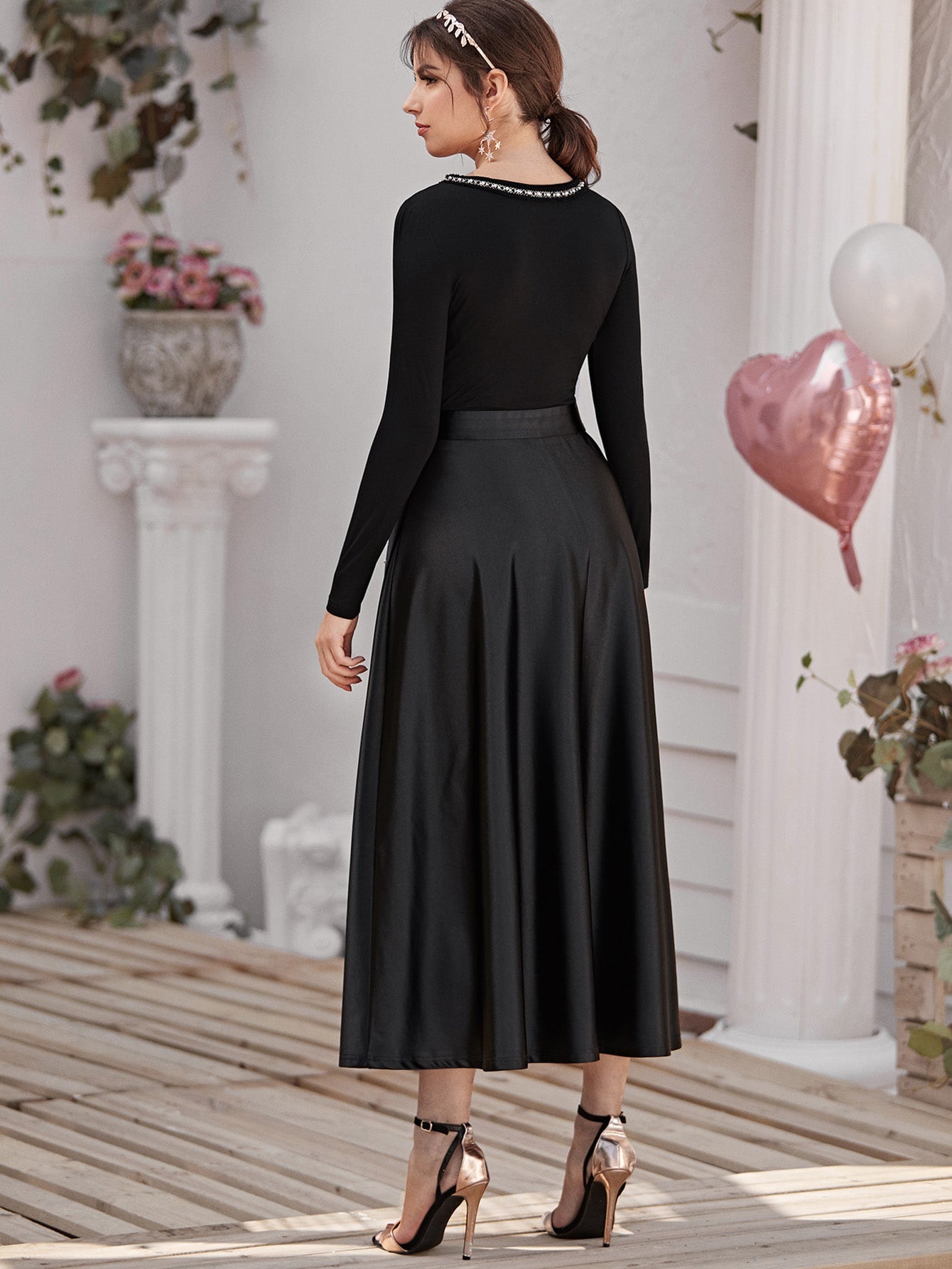 Tape Neckline Pearls Beaded Satin Combo Dress