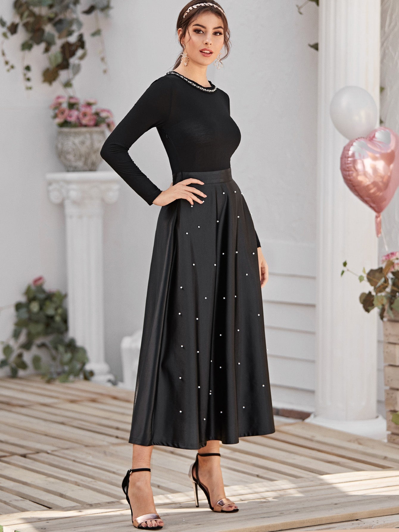 Tape Neckline Pearls Beaded Satin Combo Dress