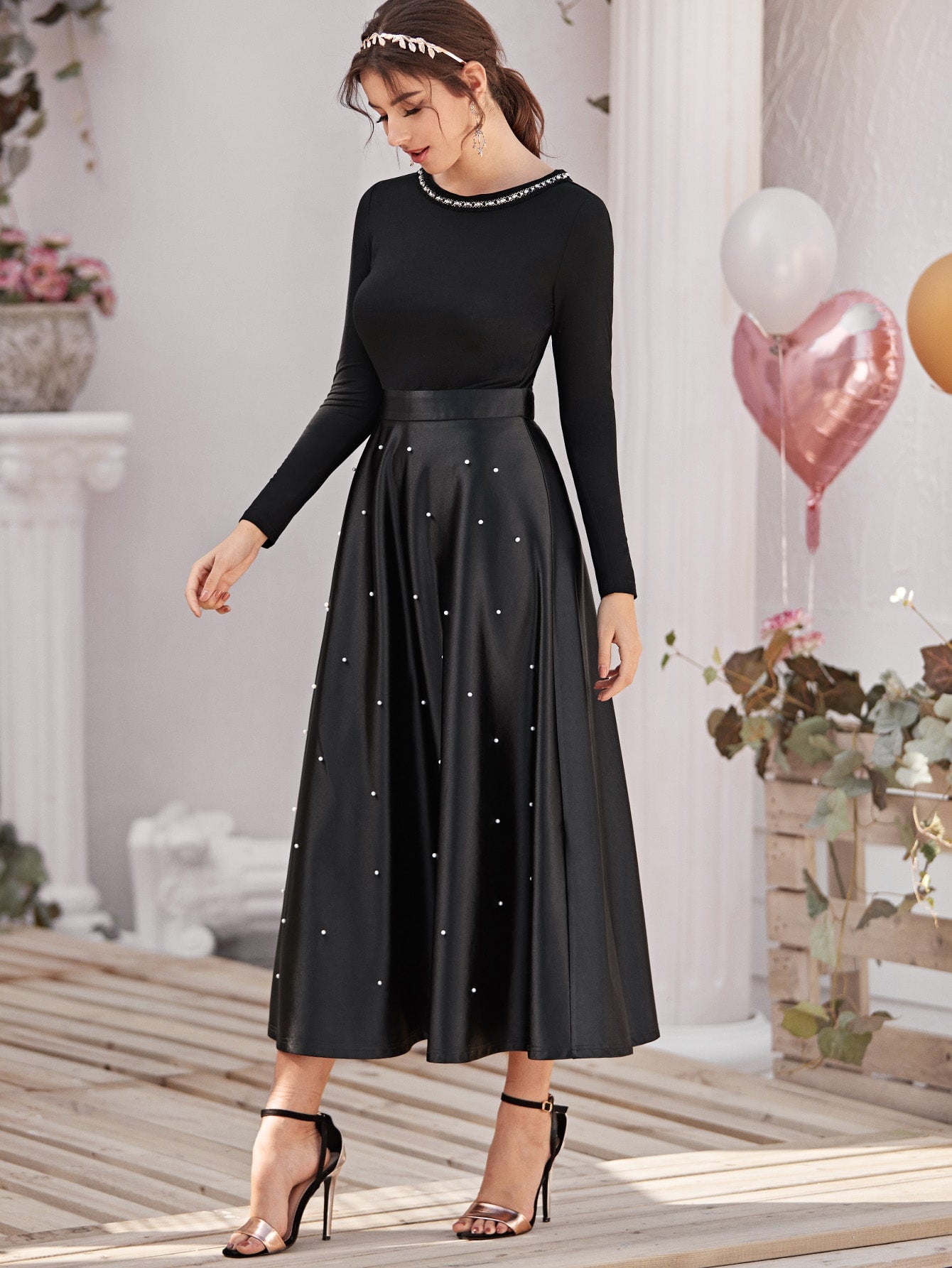 Tape Neckline Pearls Beaded Satin Combo Dress