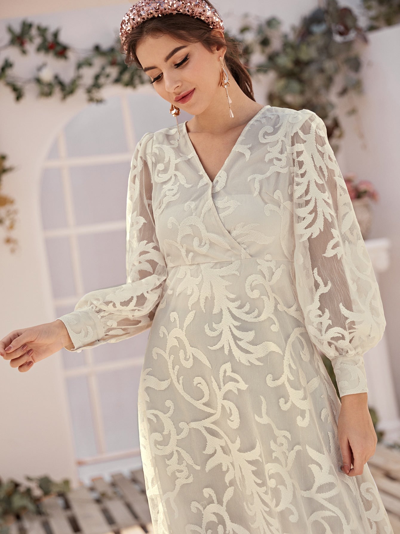 Lantern Sleeve Plant Lace Overlay Dress