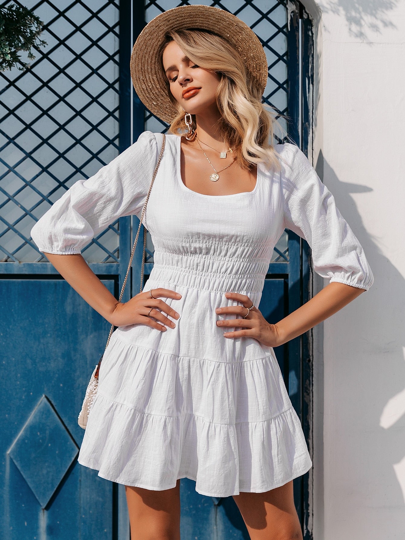 Scoop Neck Shirred Layered Hem A-line Dress