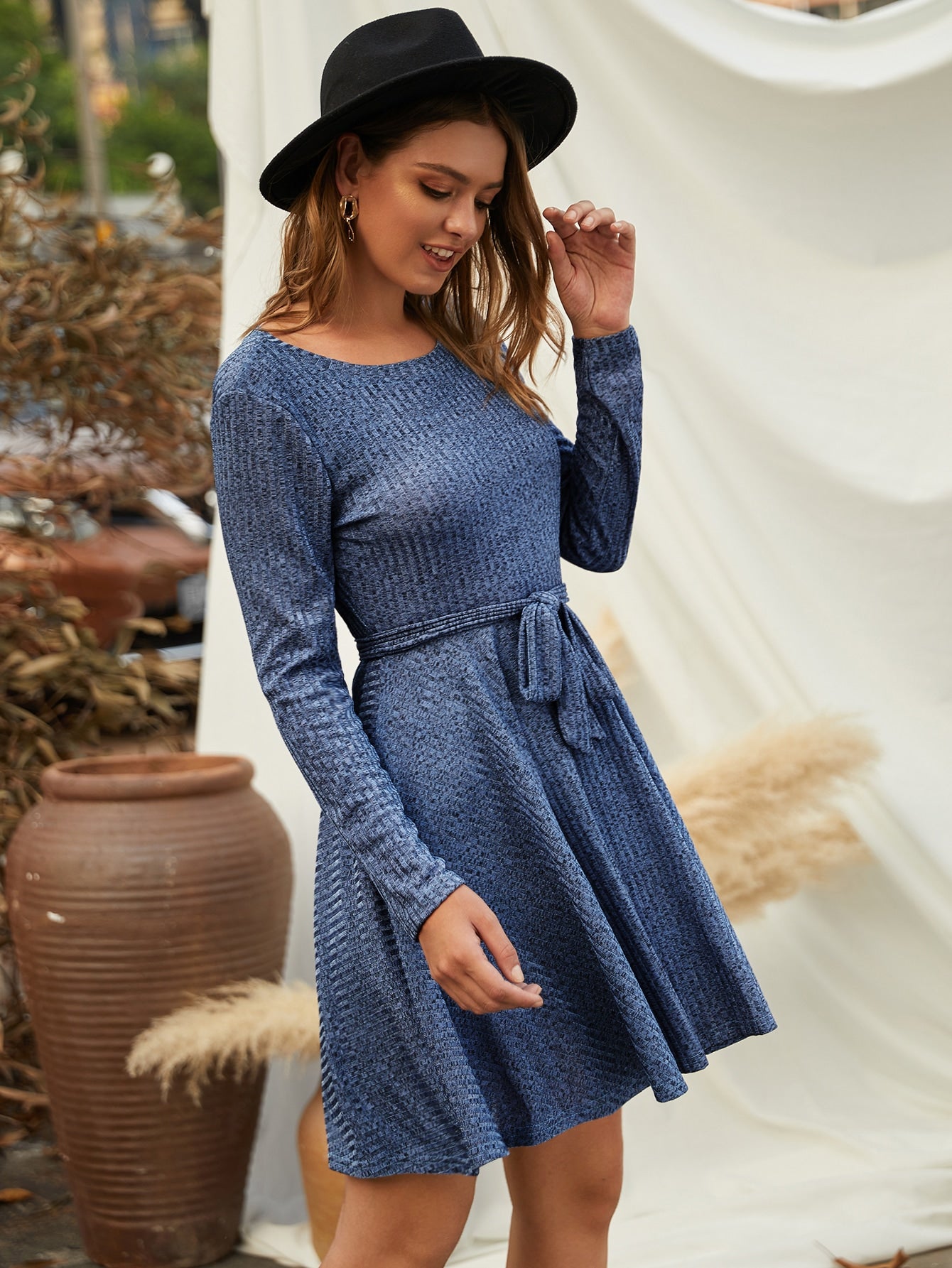 Belted Rib-knit Flared Hem Dress