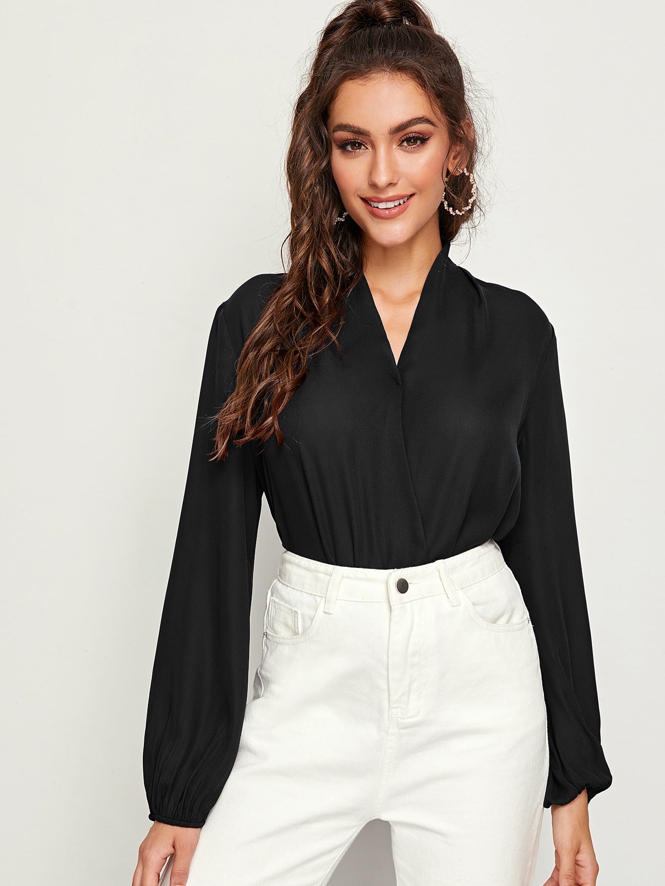 V-neck Lantern Sleeve Wrap Top