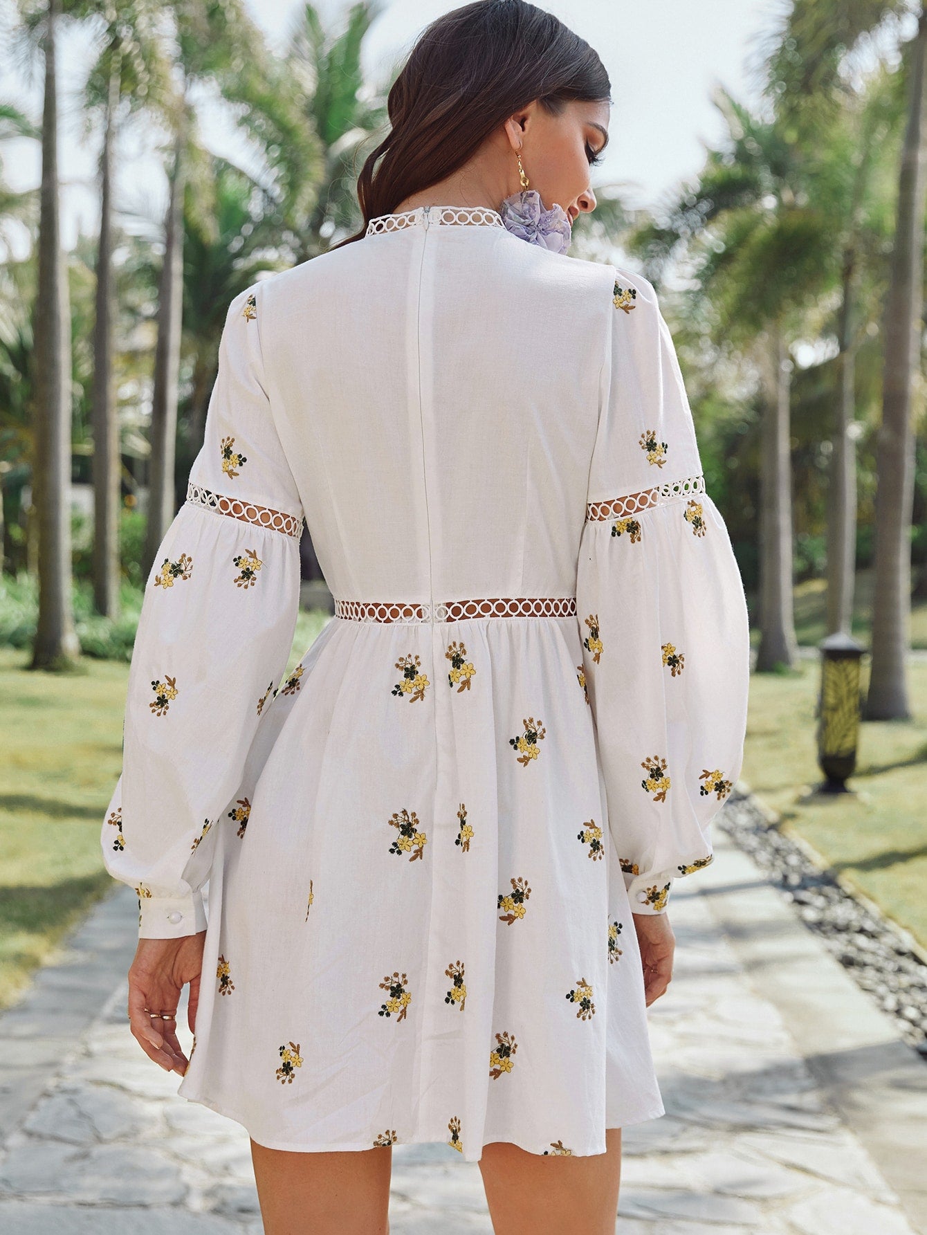 Mock Neck Lace Insert Floral Embroidered Dress