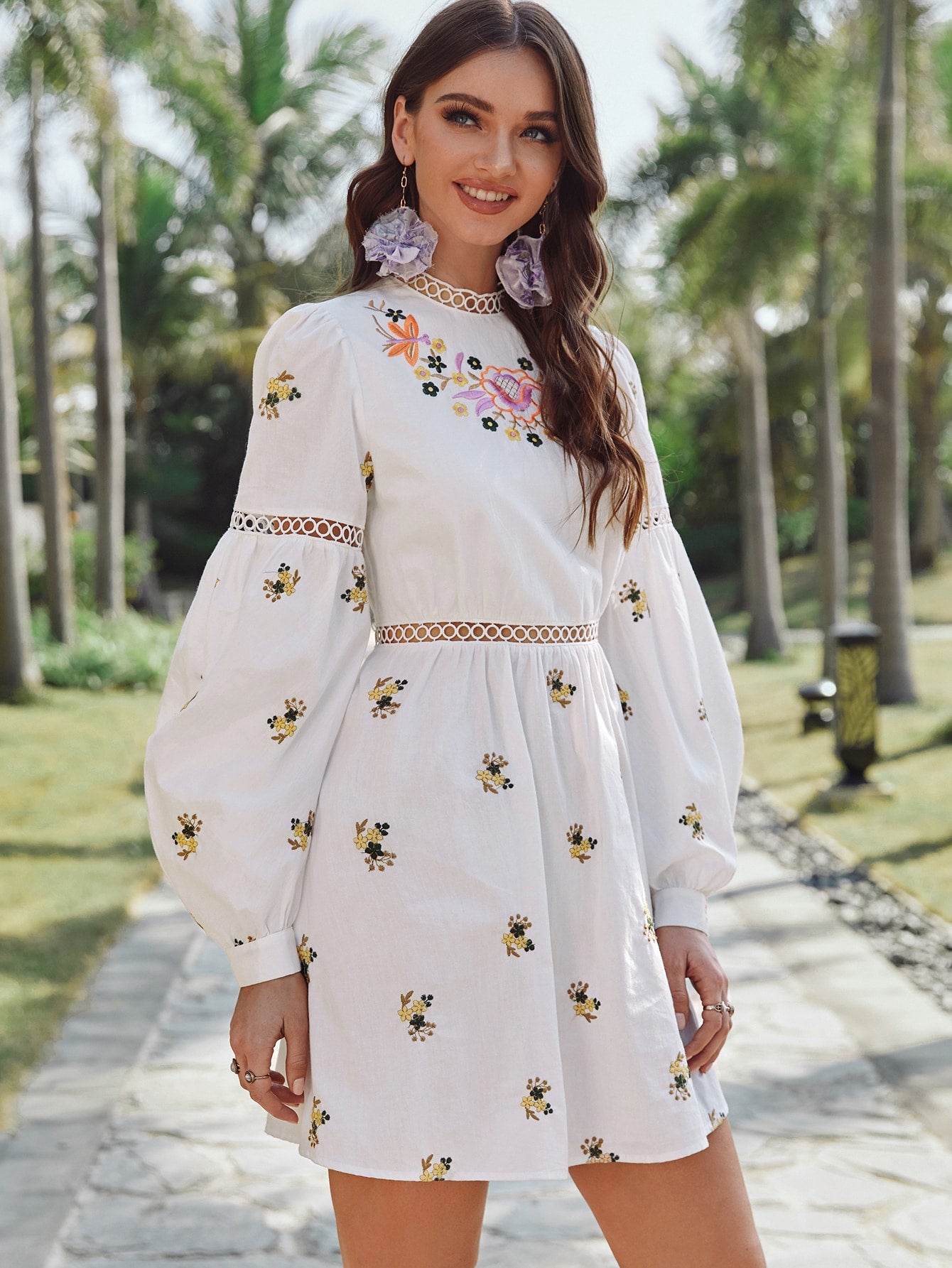 Mock Neck Lace Insert Floral Embroidered Dress