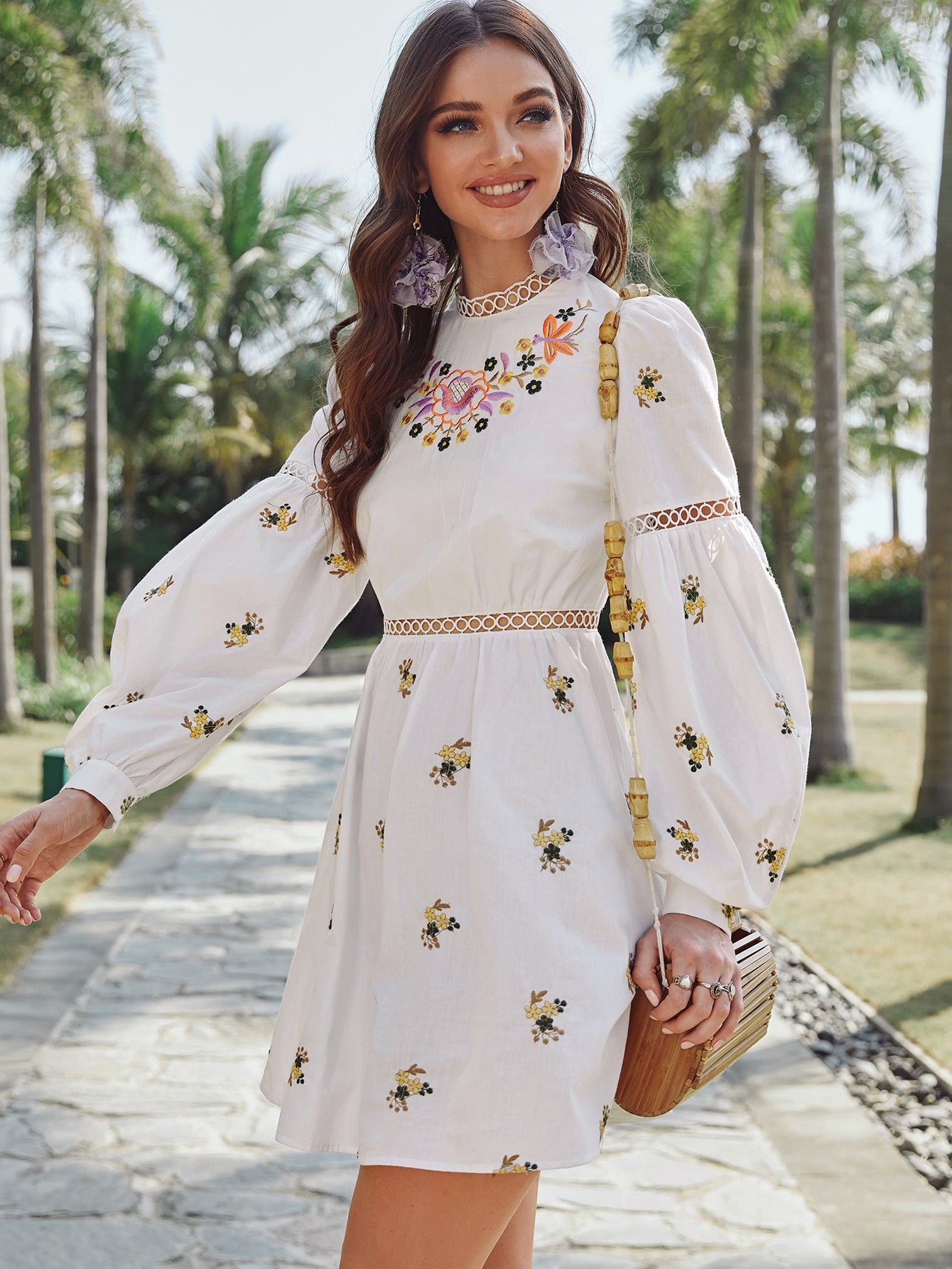 Mock Neck Lace Insert Floral Embroidered Dress