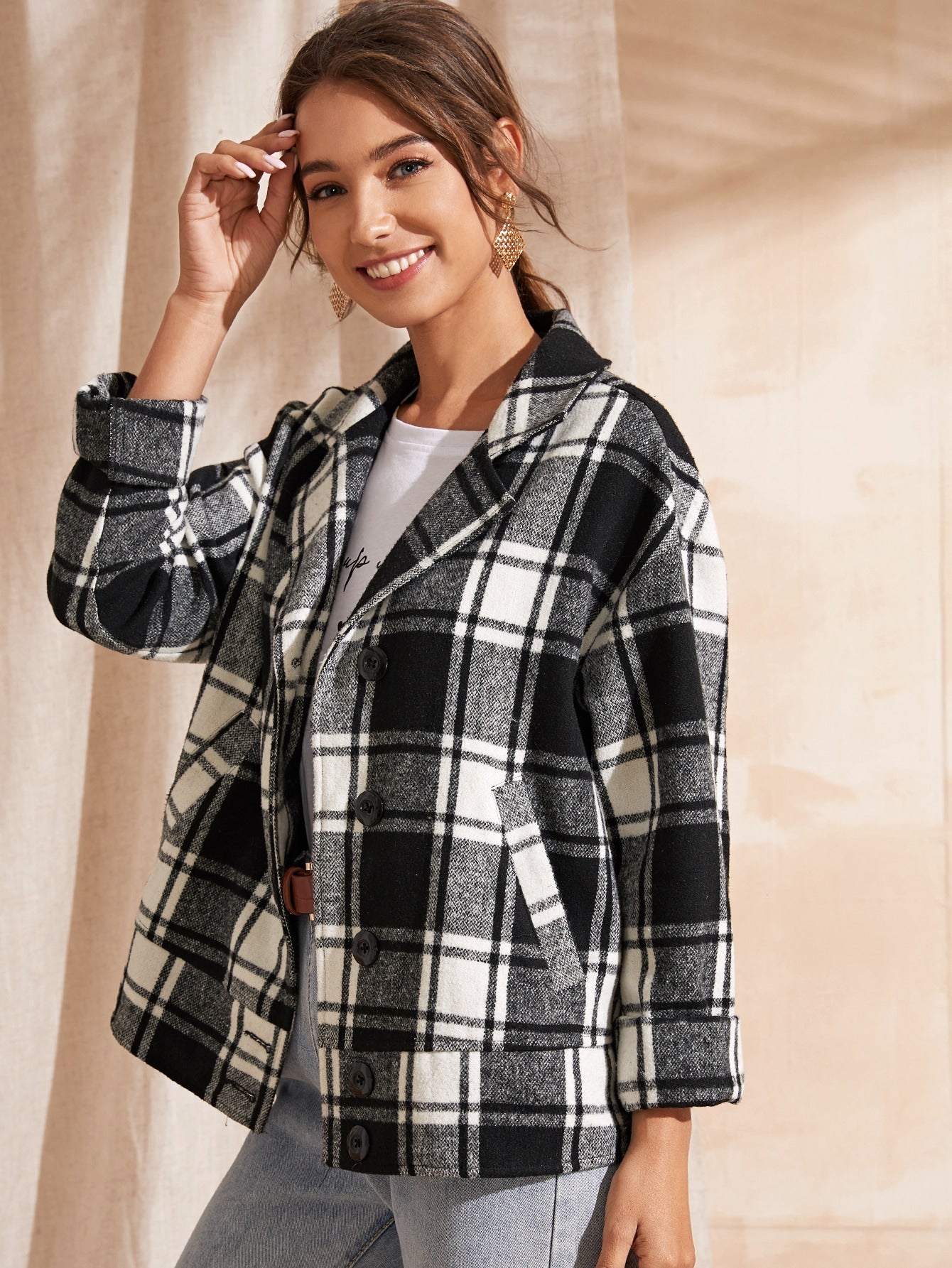 Notched Collar Buttoned Front Plaid Coat