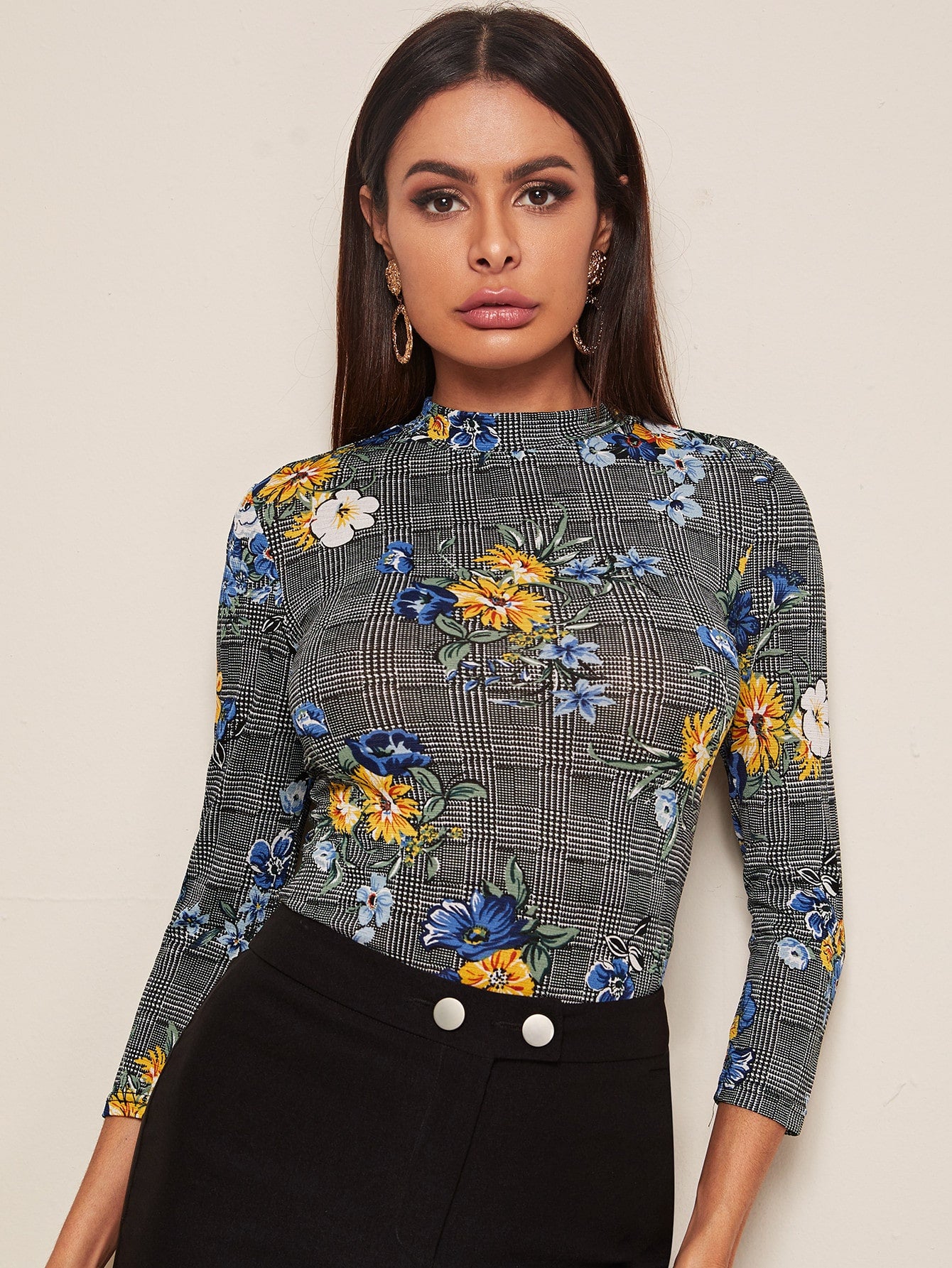 Mock-neck Glen Plaid and Floral Fitted Tee