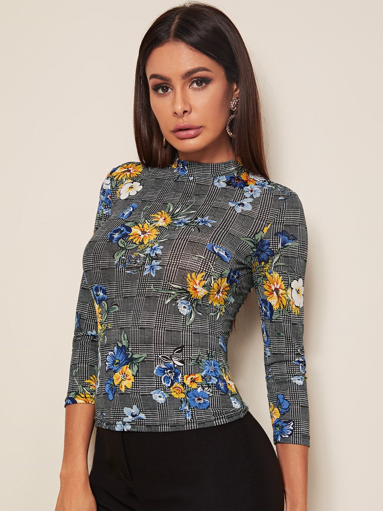 Mock-neck Glen Plaid and Floral Fitted Tee