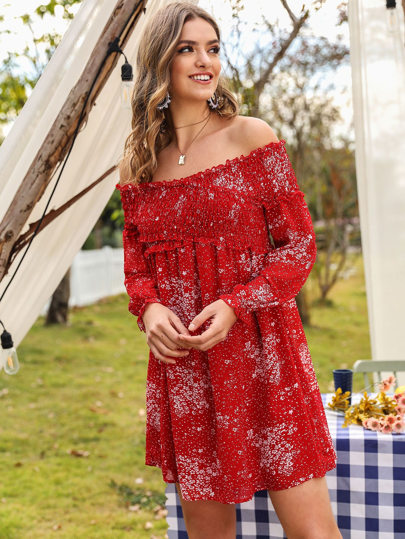 Off Shoulder Lettuce Frill Dress