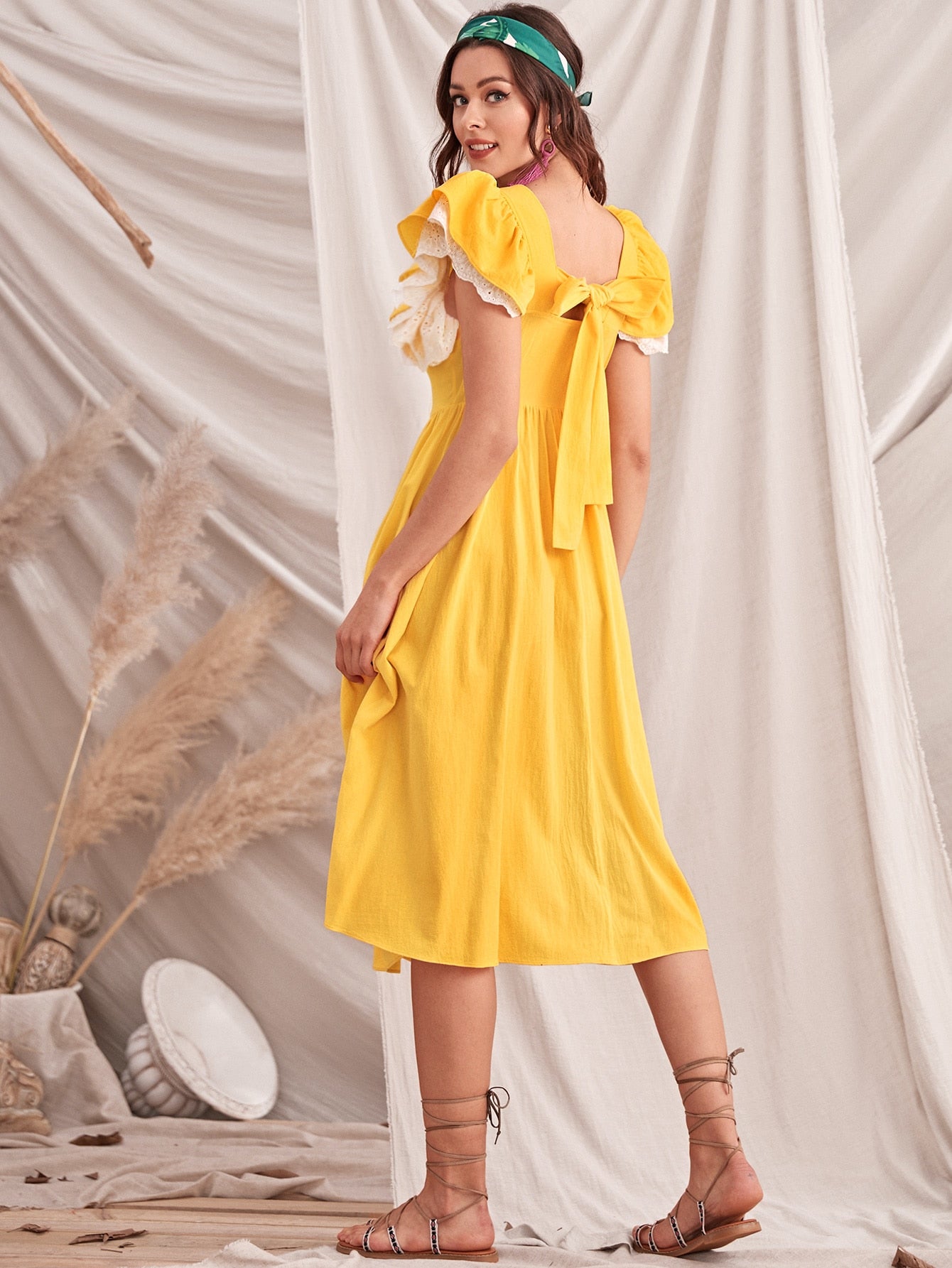 Layered Flutter Sleeve Tie Back Dress Without Belt