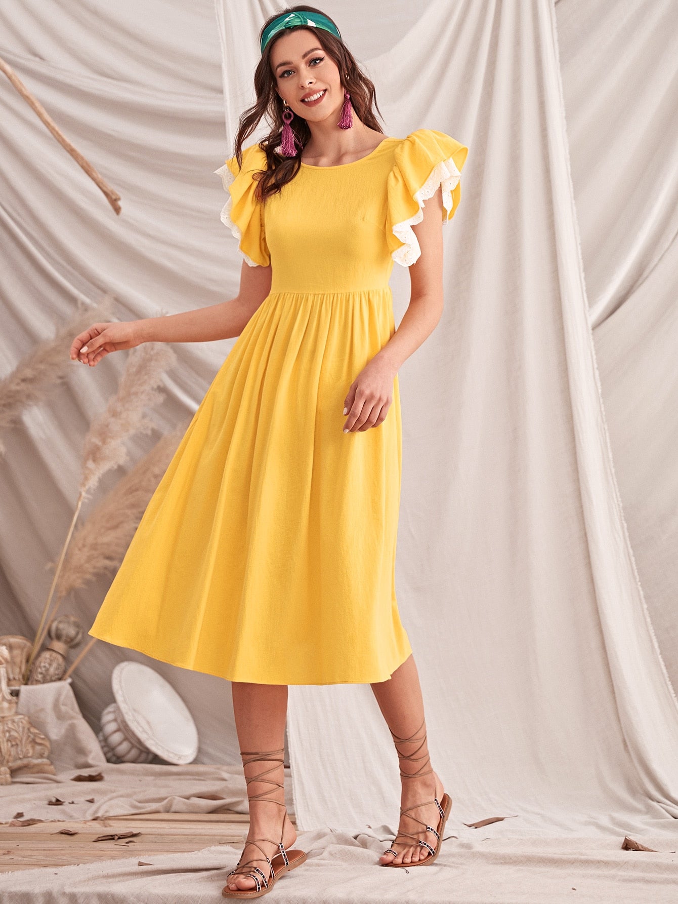 Layered Flutter Sleeve Tie Back Dress Without Belt