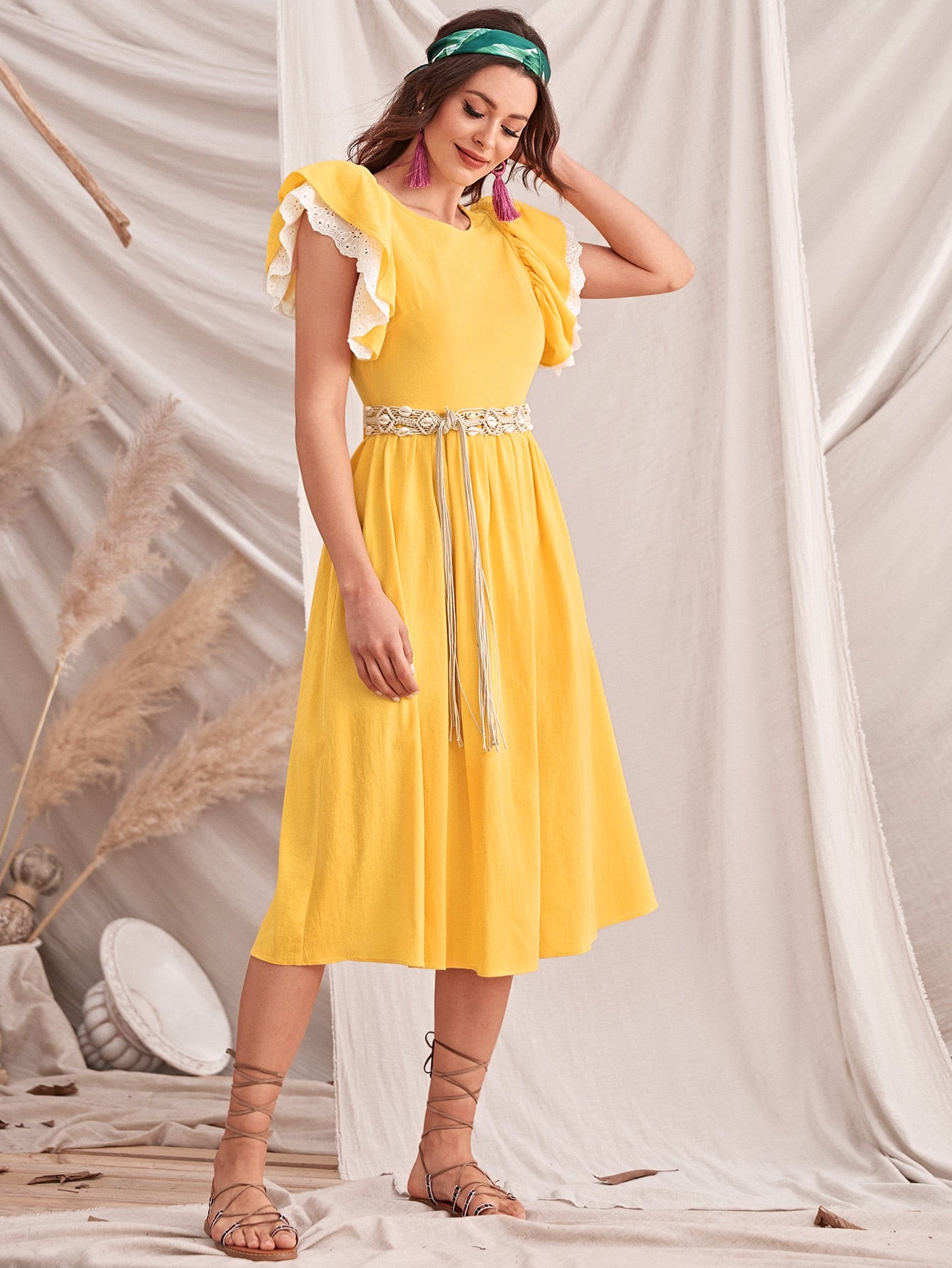 Layered Flutter Sleeve Tie Back Dress Without Belt