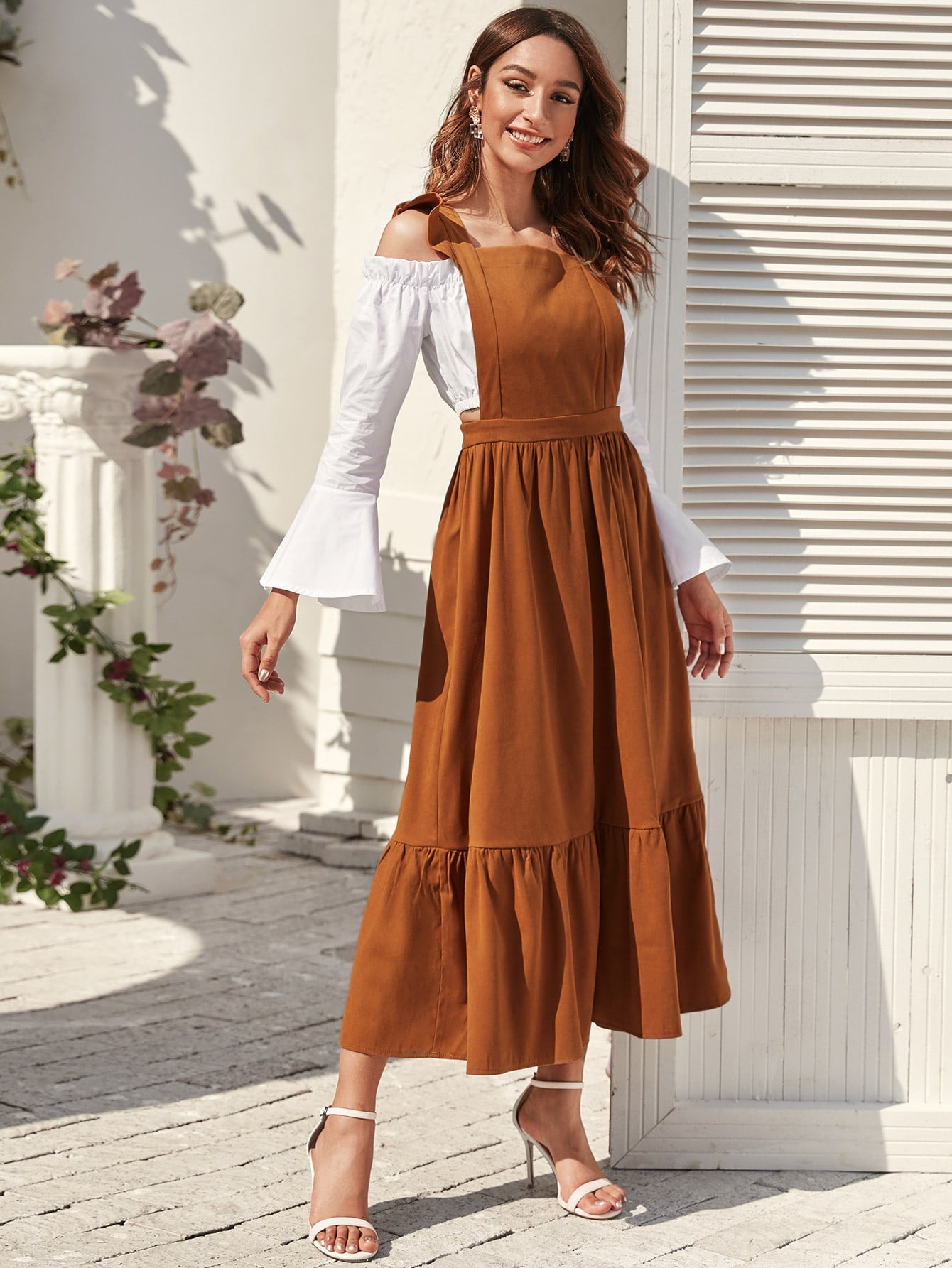 Ruffle Trim High Waist Overall Dress