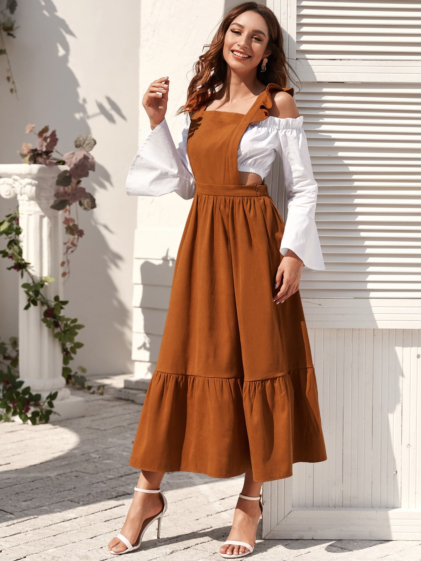 Ruffle Trim High Waist Overall Dress