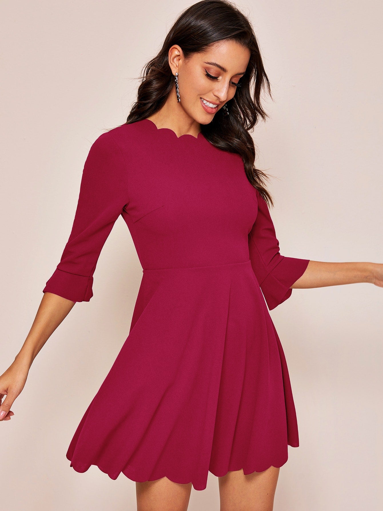 Zip Back Scallop Trim A-line Dress