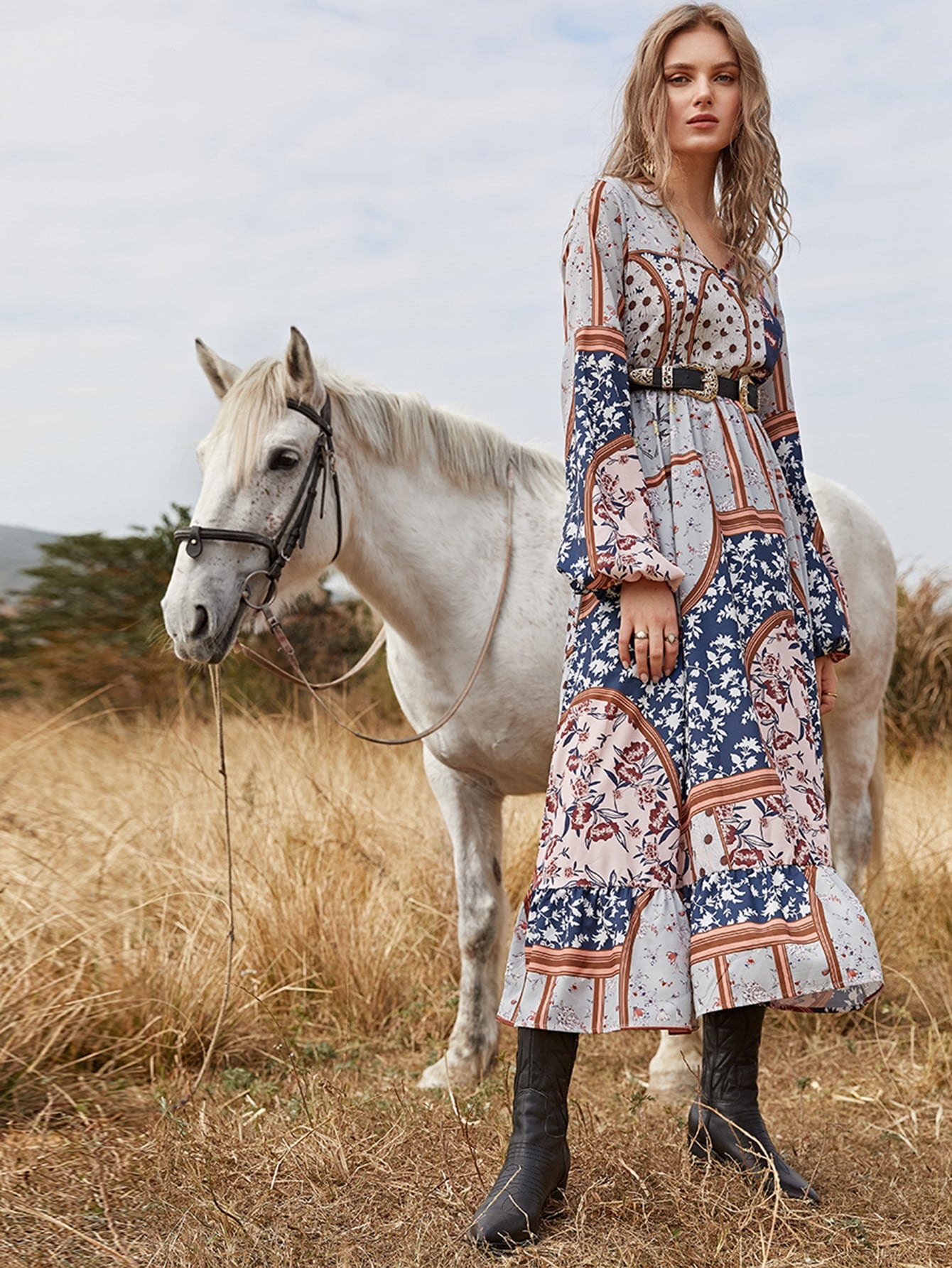 Bell Sleeve Empire Waist Floral Dress