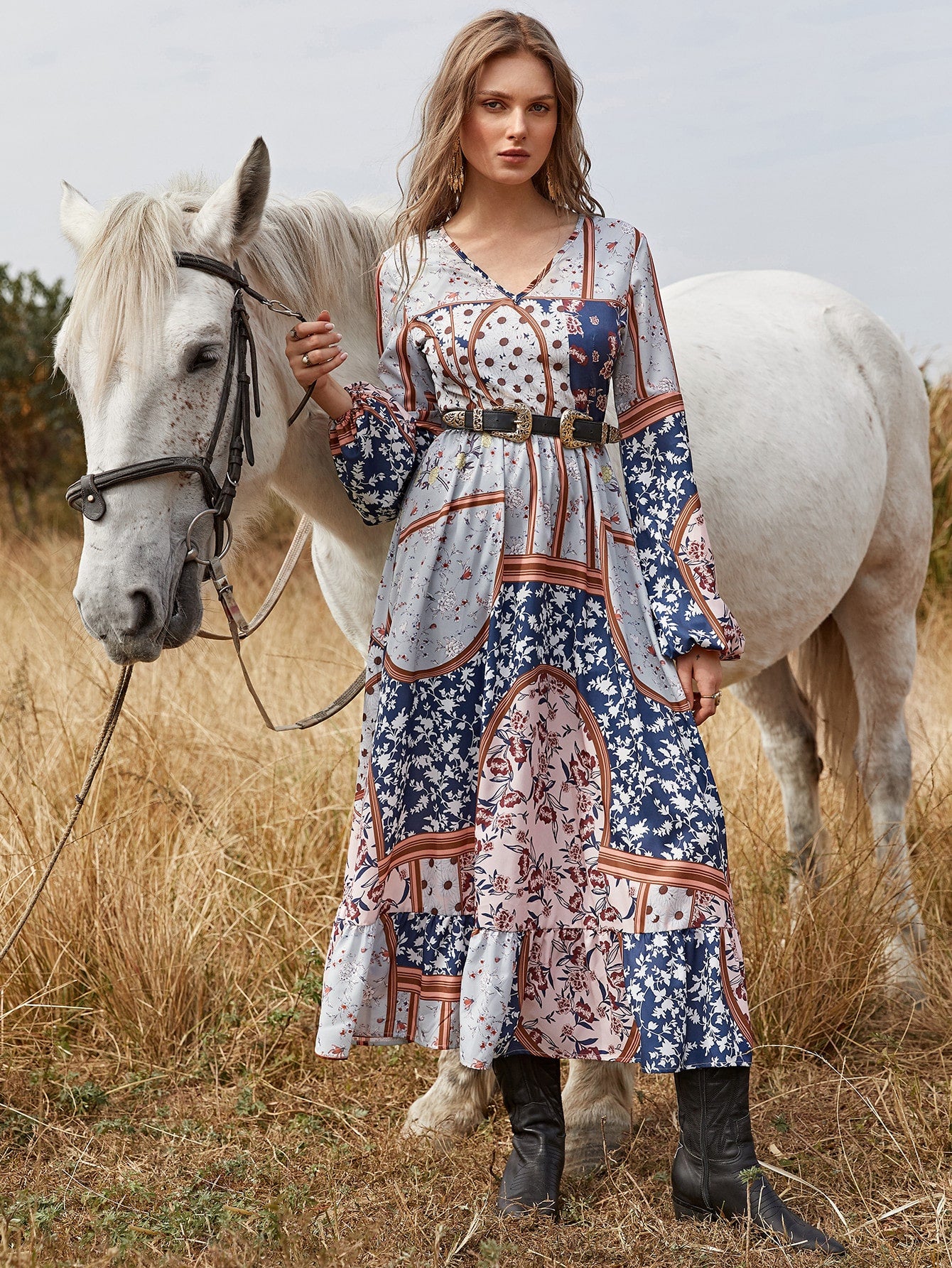 Bell Sleeve Empire Waist Floral Dress