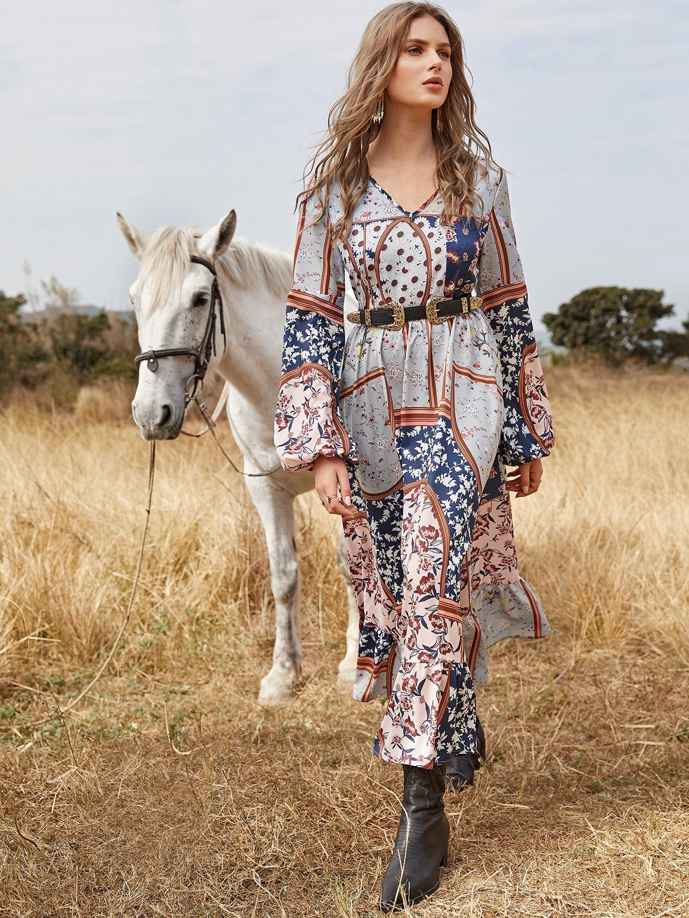 Bell Sleeve Empire Waist Floral Dress