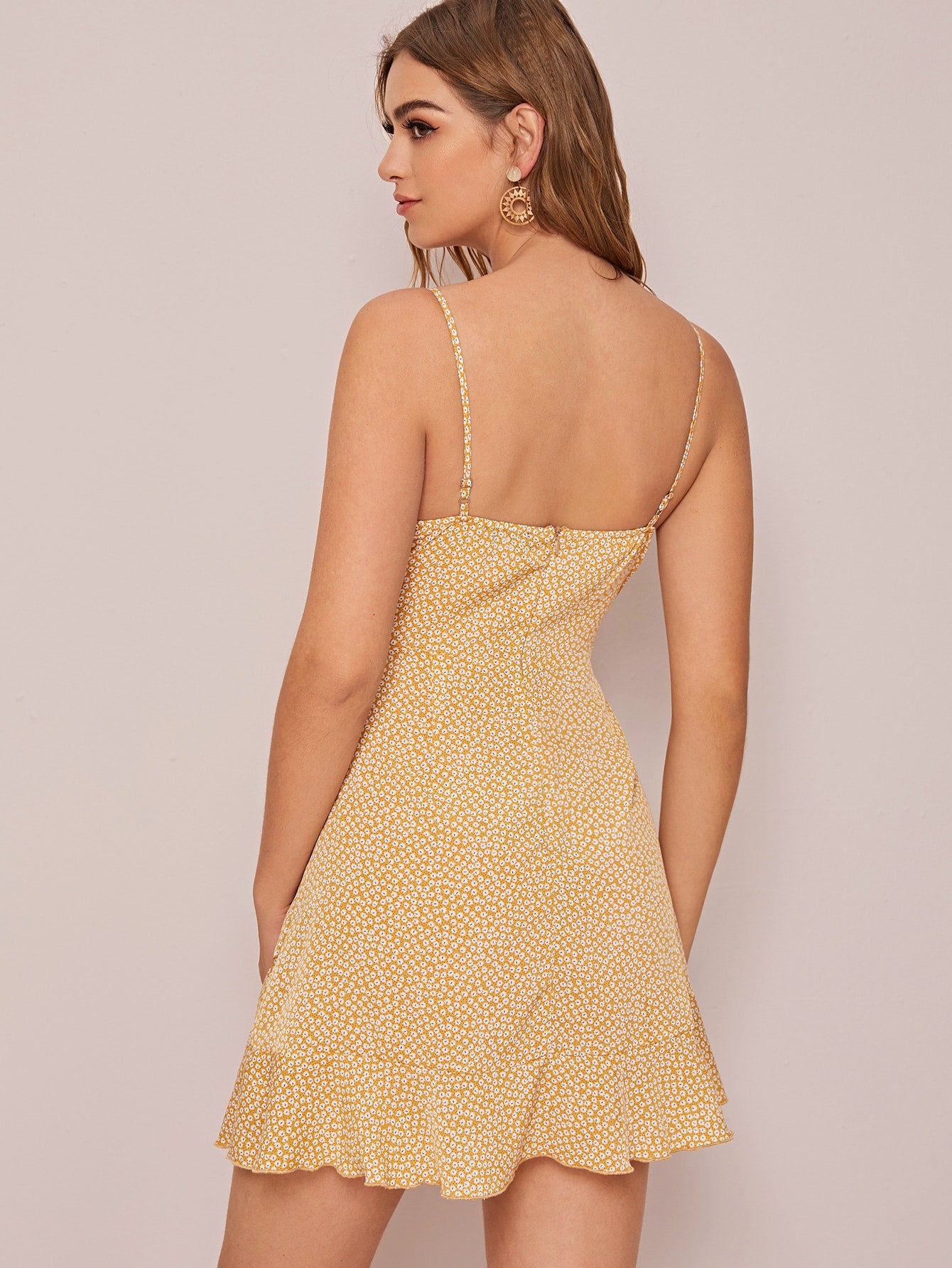 Amy's Cart Ruffle Hem Wrap Knot Ditsy Floral Cami Dress