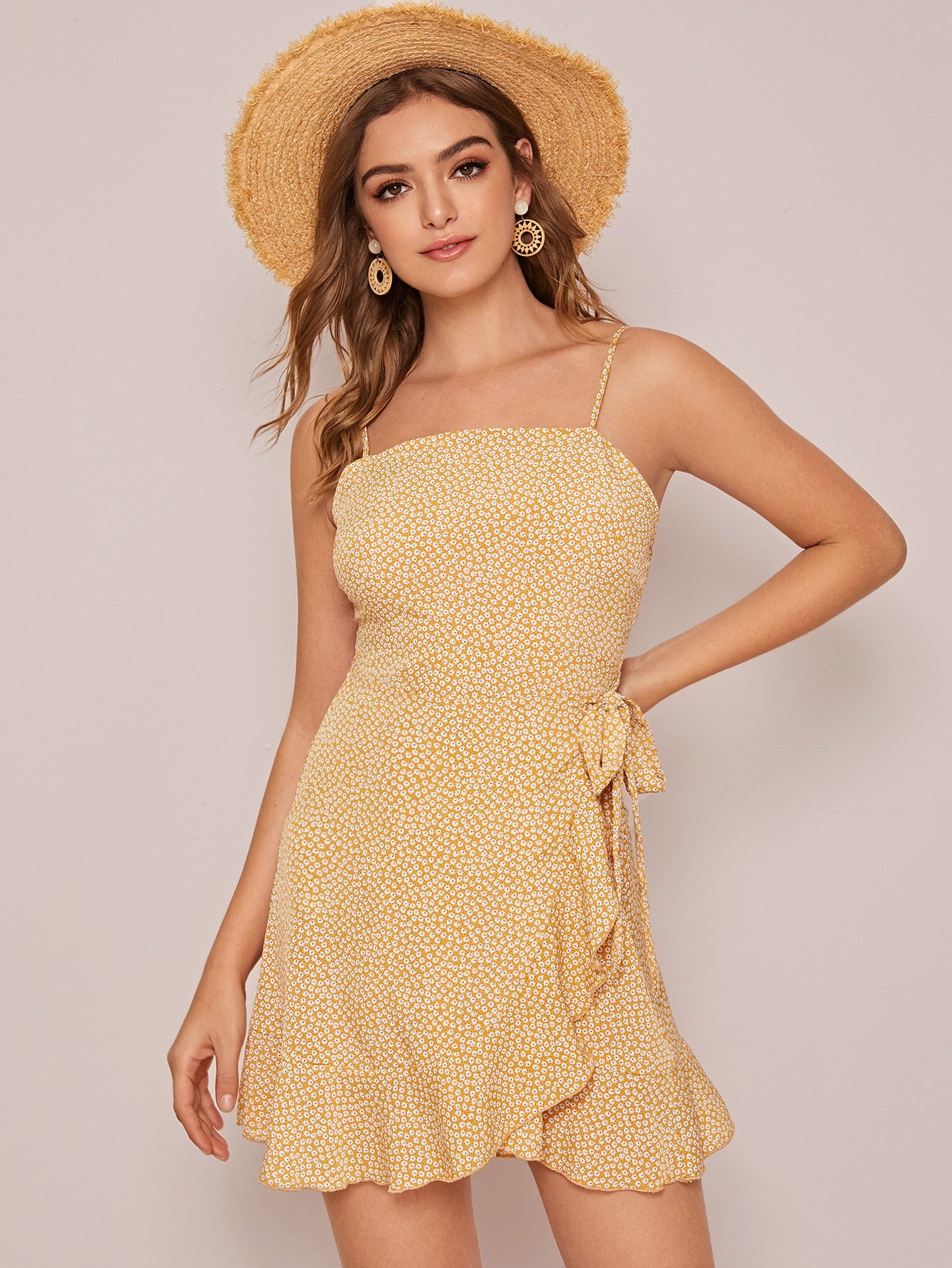Amy's Cart Ruffle Hem Wrap Knot Ditsy Floral Cami Dress