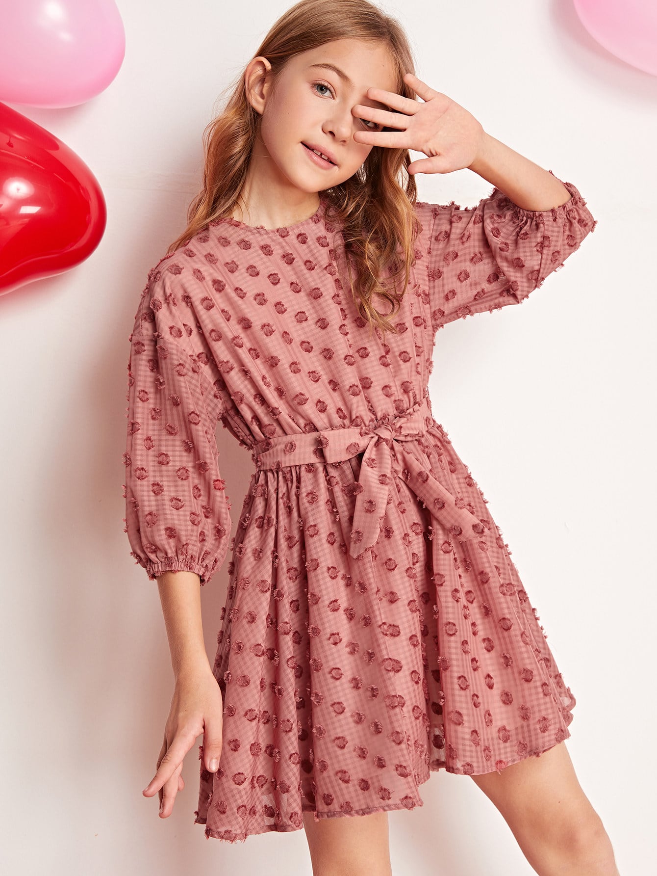 Girls Drop Shoulder Belted Swiss Dot Dress