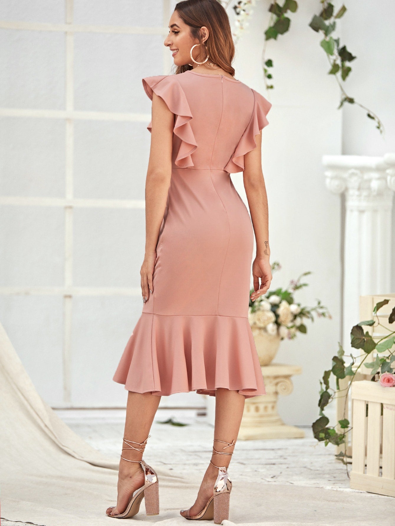 Ruffle Trim Fishtail Bodycon Dress