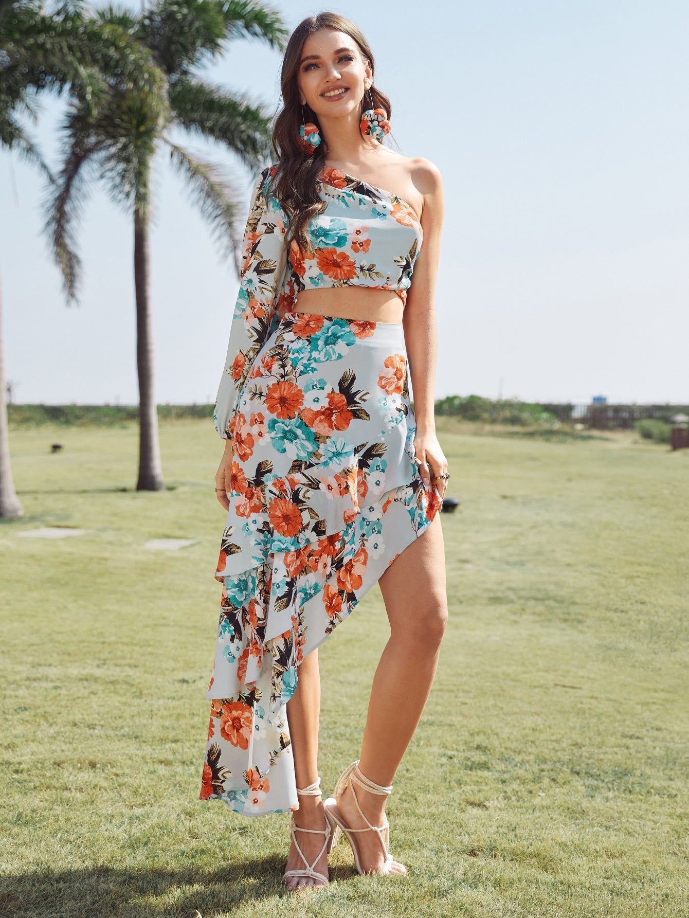 One Shoulder Floral Top & Asymmetric Ruffle Skirt Set