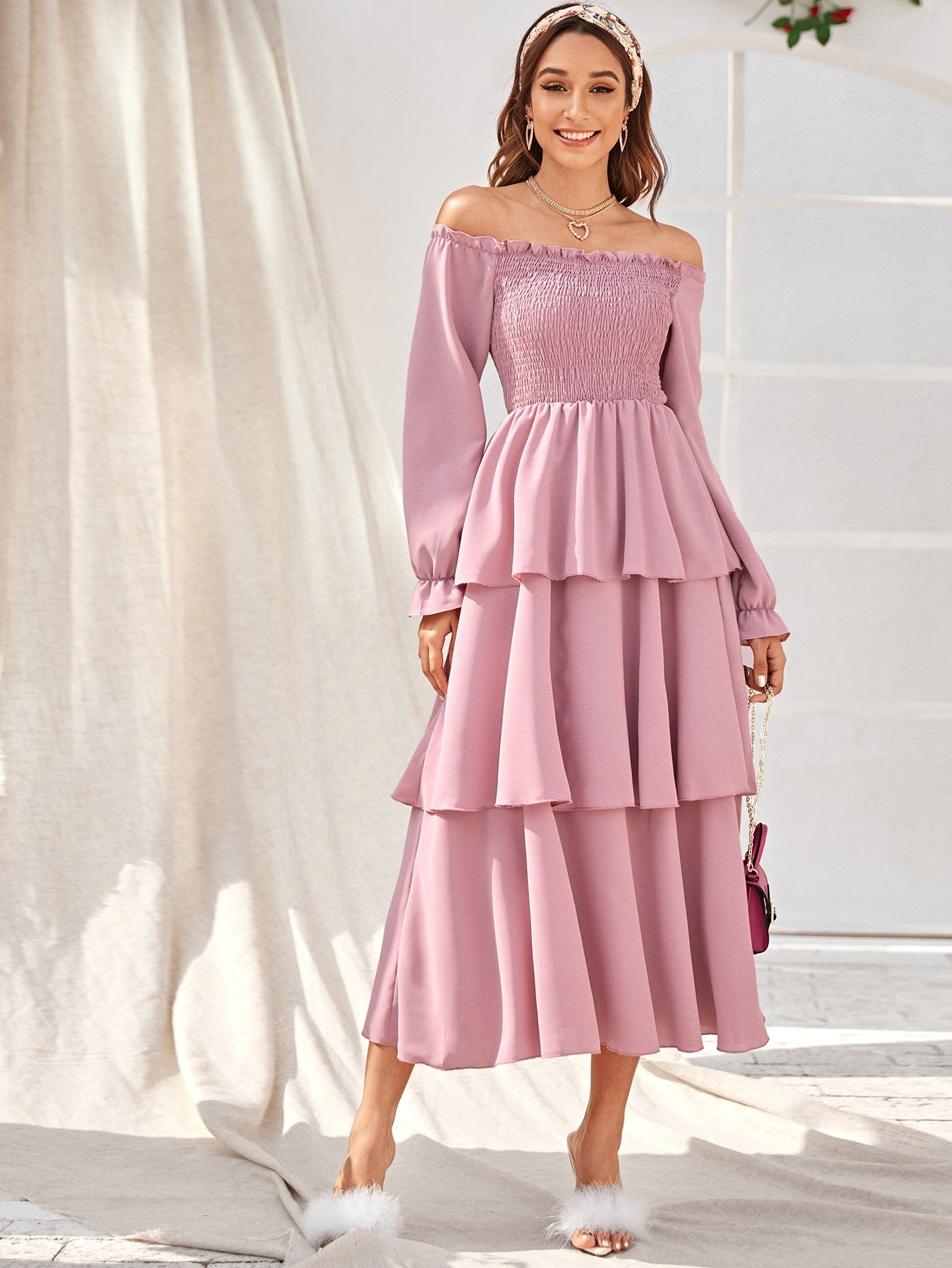 Frill Shirred Layered Hem Bardot A-line Dress