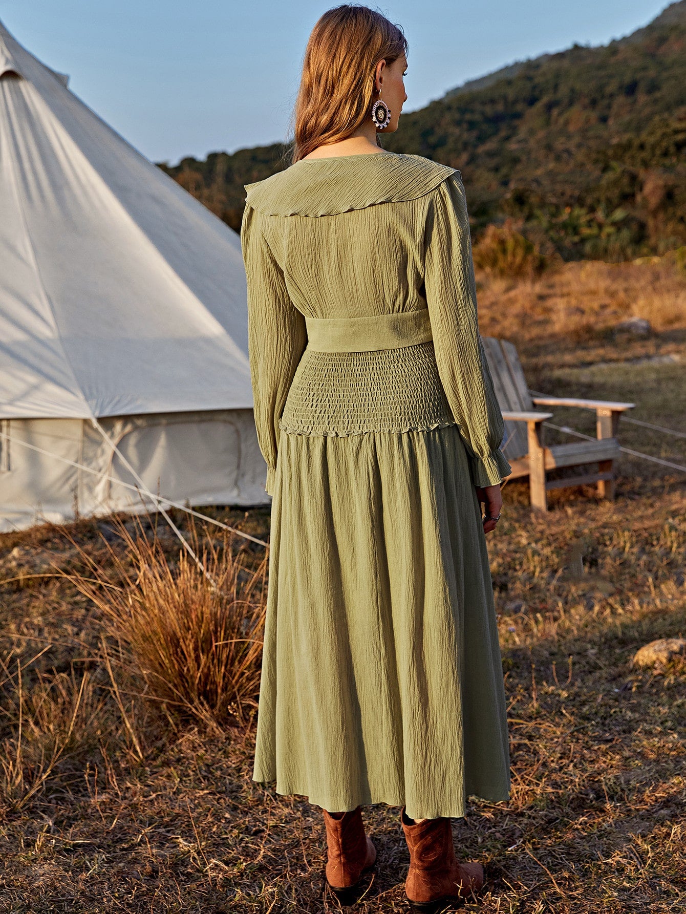 Tie Neck Ruffle Trim Crop Top & Shirred Waist Skirt Set
