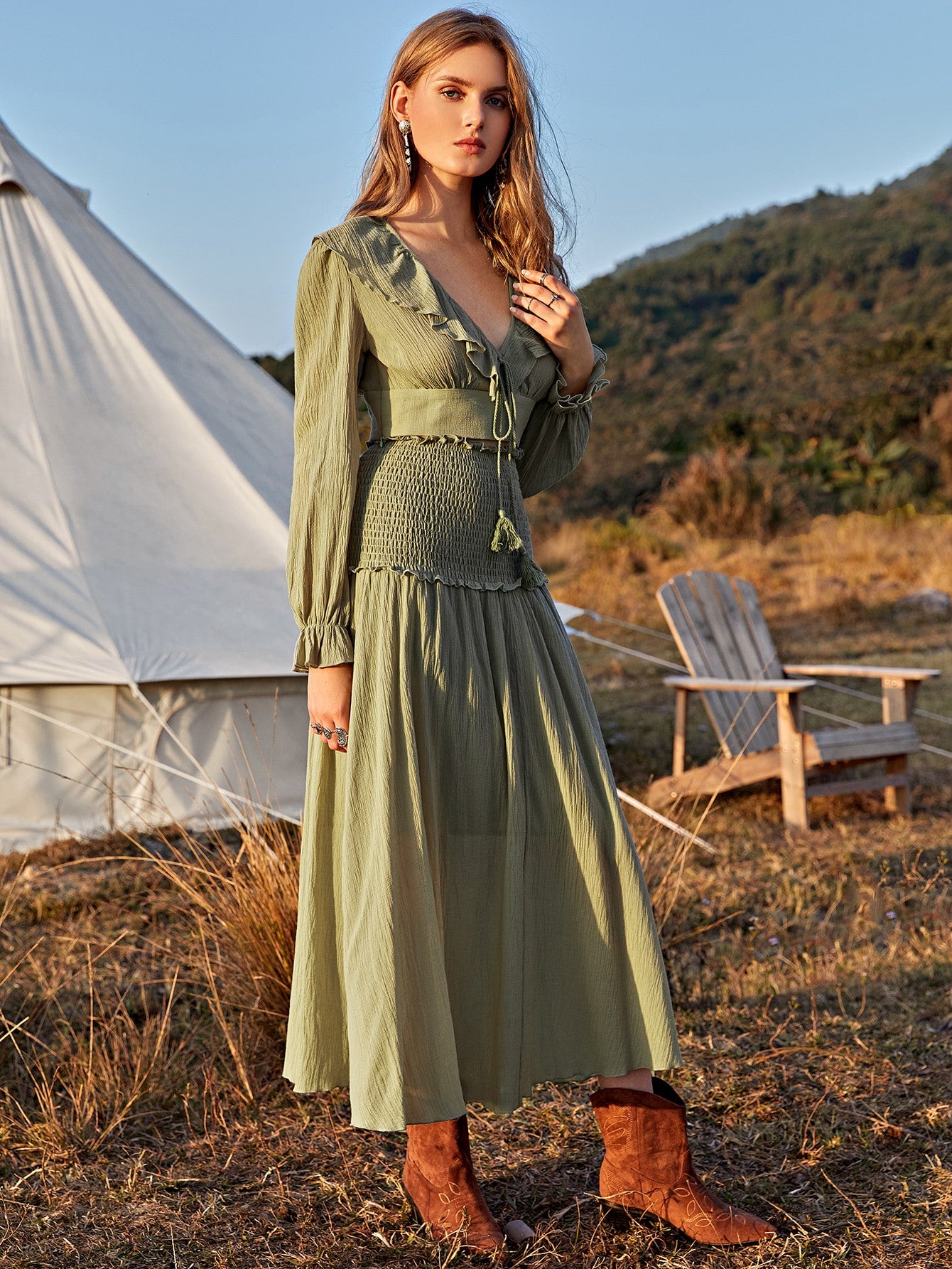 Tie Neck Ruffle Trim Crop Top & Shirred Waist Skirt Set