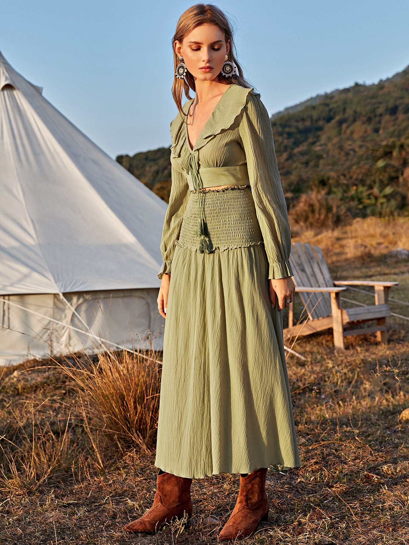 Tie Neck Ruffle Trim Crop Top & Shirred Waist Skirt Set