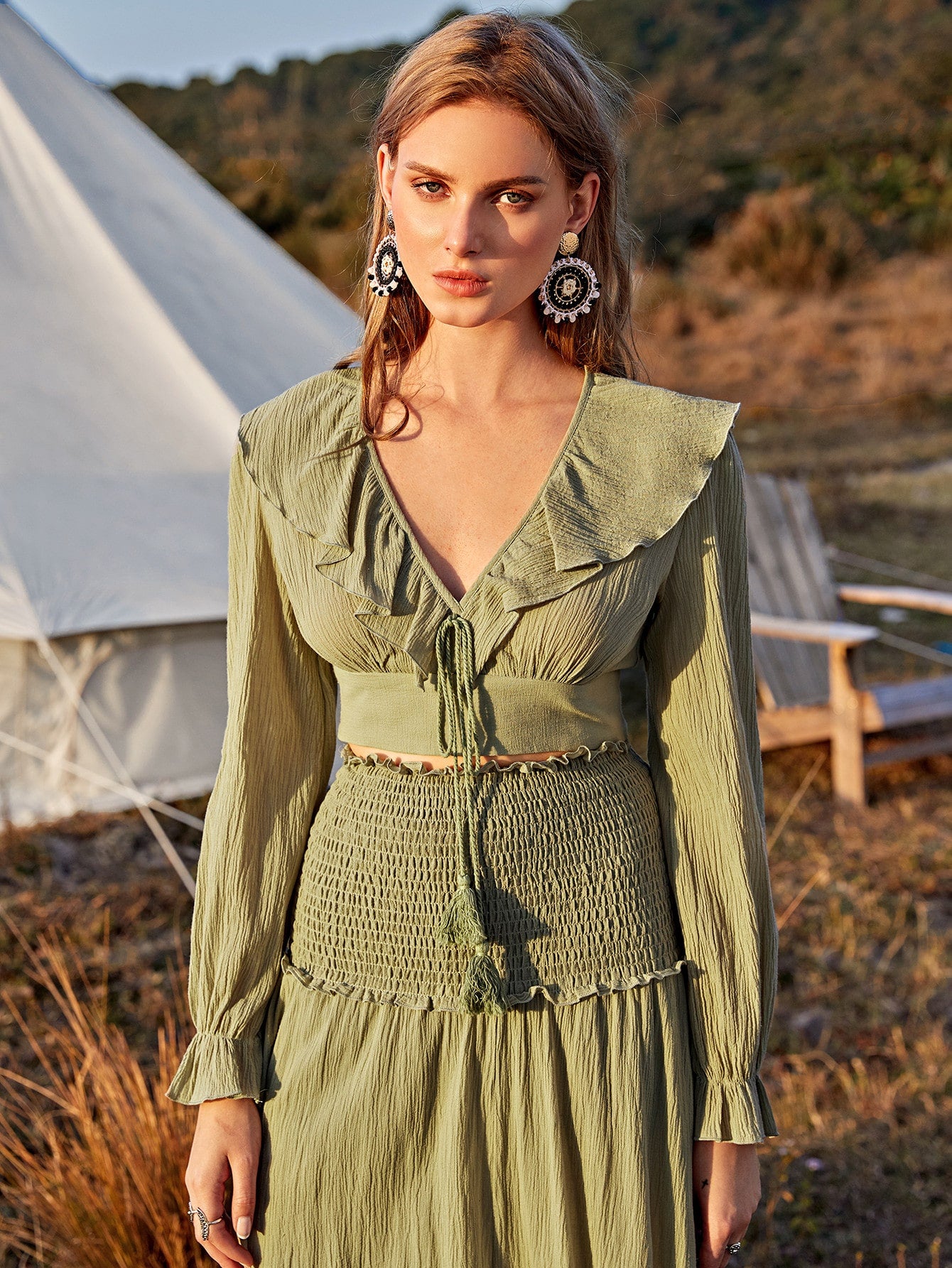 Tie Neck Ruffle Trim Crop Top & Shirred Waist Skirt Set