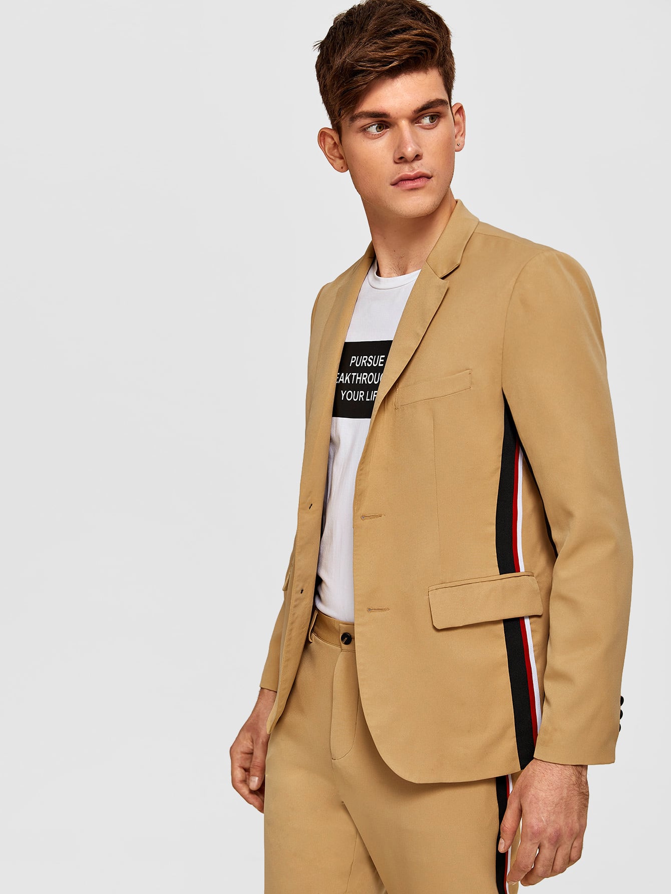 Men Notched Collar Contrast Striped Tape Side Blazer