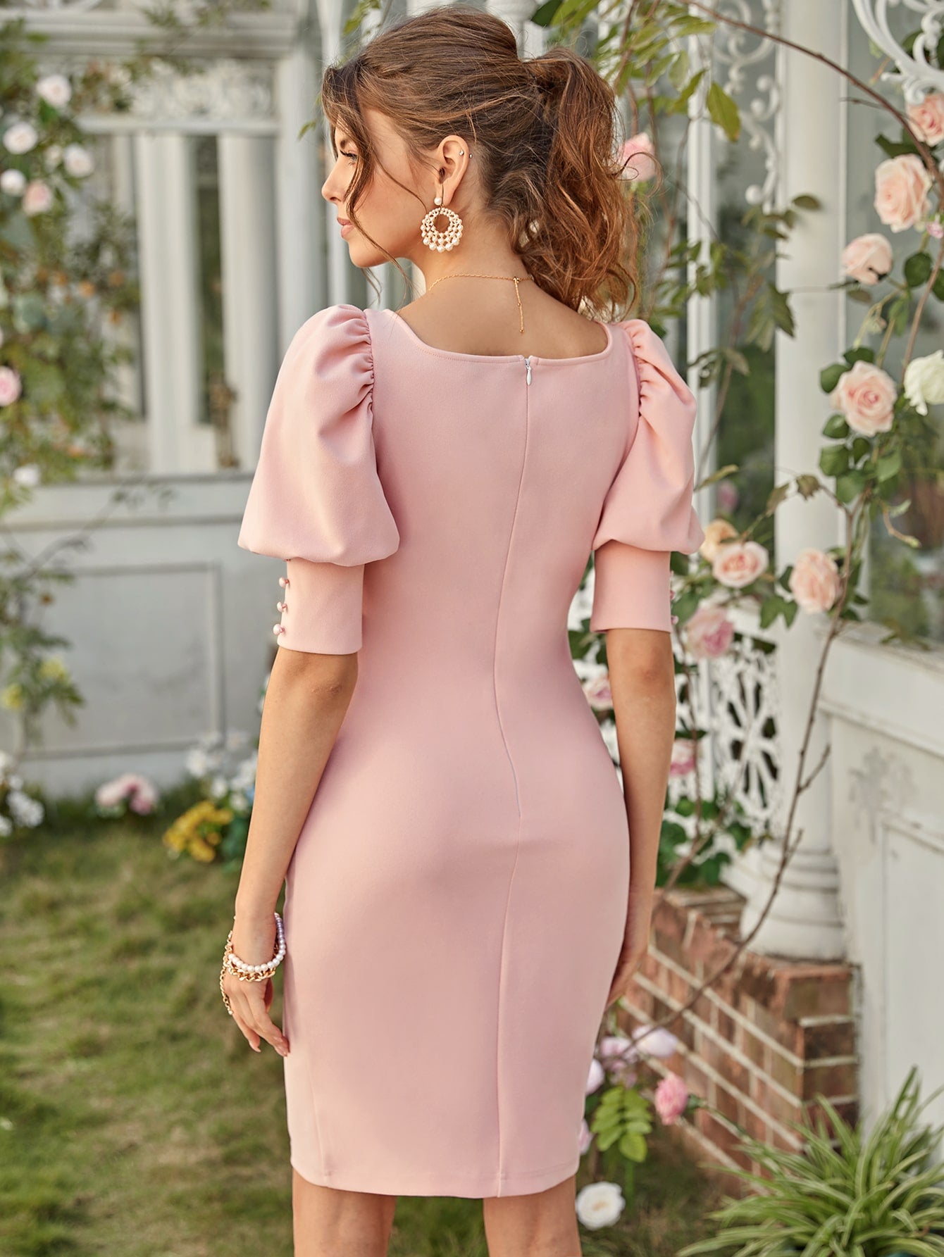 Square Neck Puff Sleeve Button Detail Dress