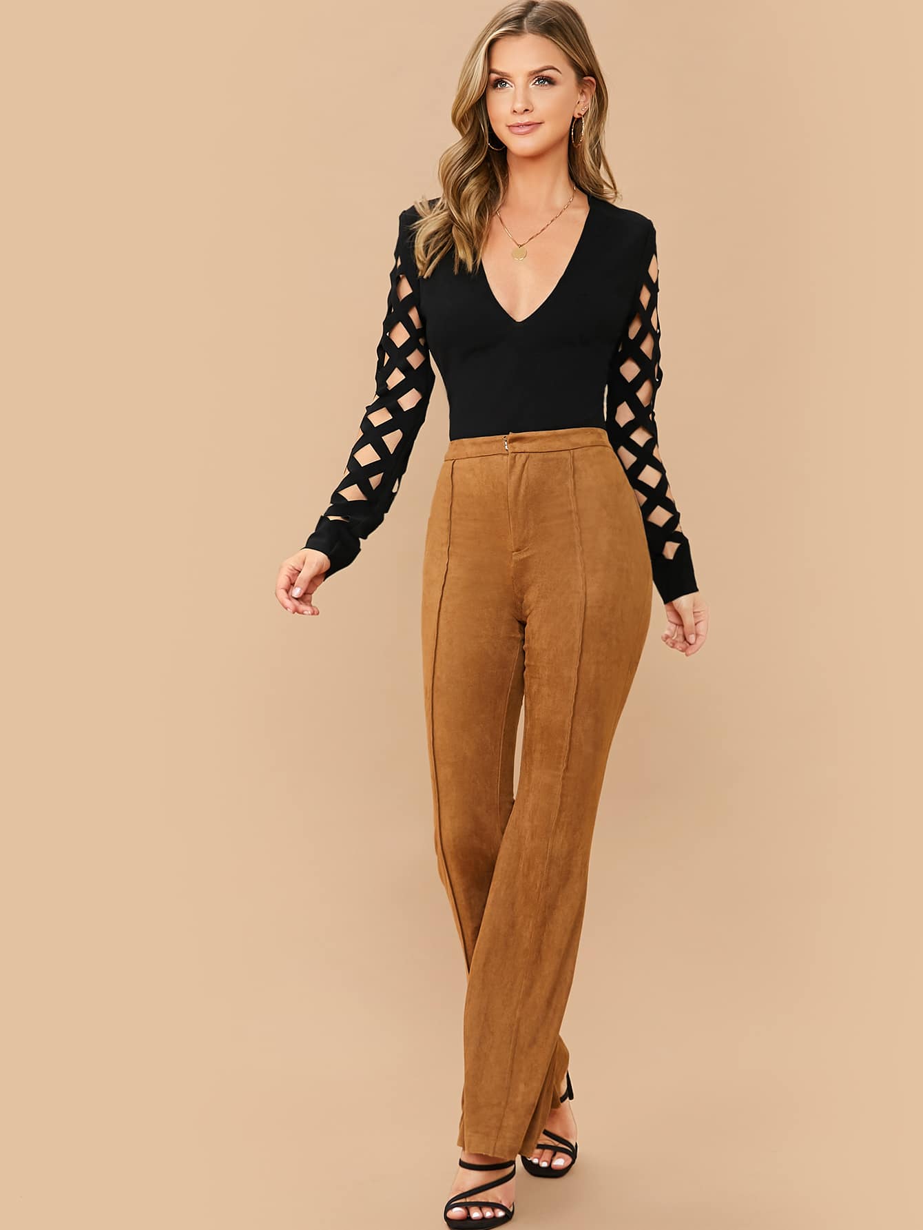 Plaid Cutout Sleeve Form Fitted Tee