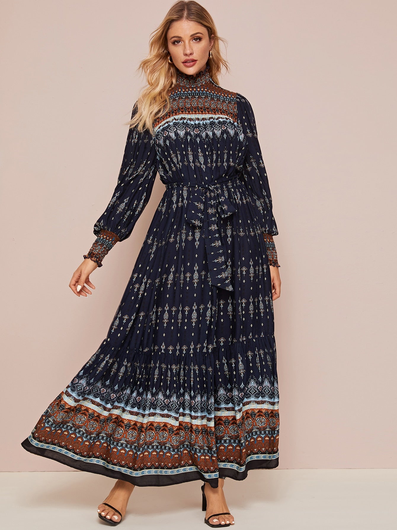 Tribal Print Shirred Panel Self Belted Maxi Dress