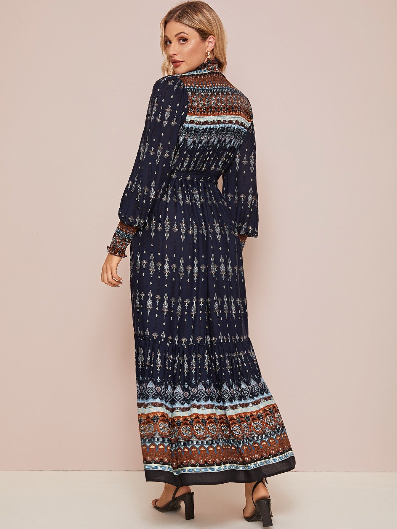 Tribal Print Shirred Panel Self Belted Maxi Dress