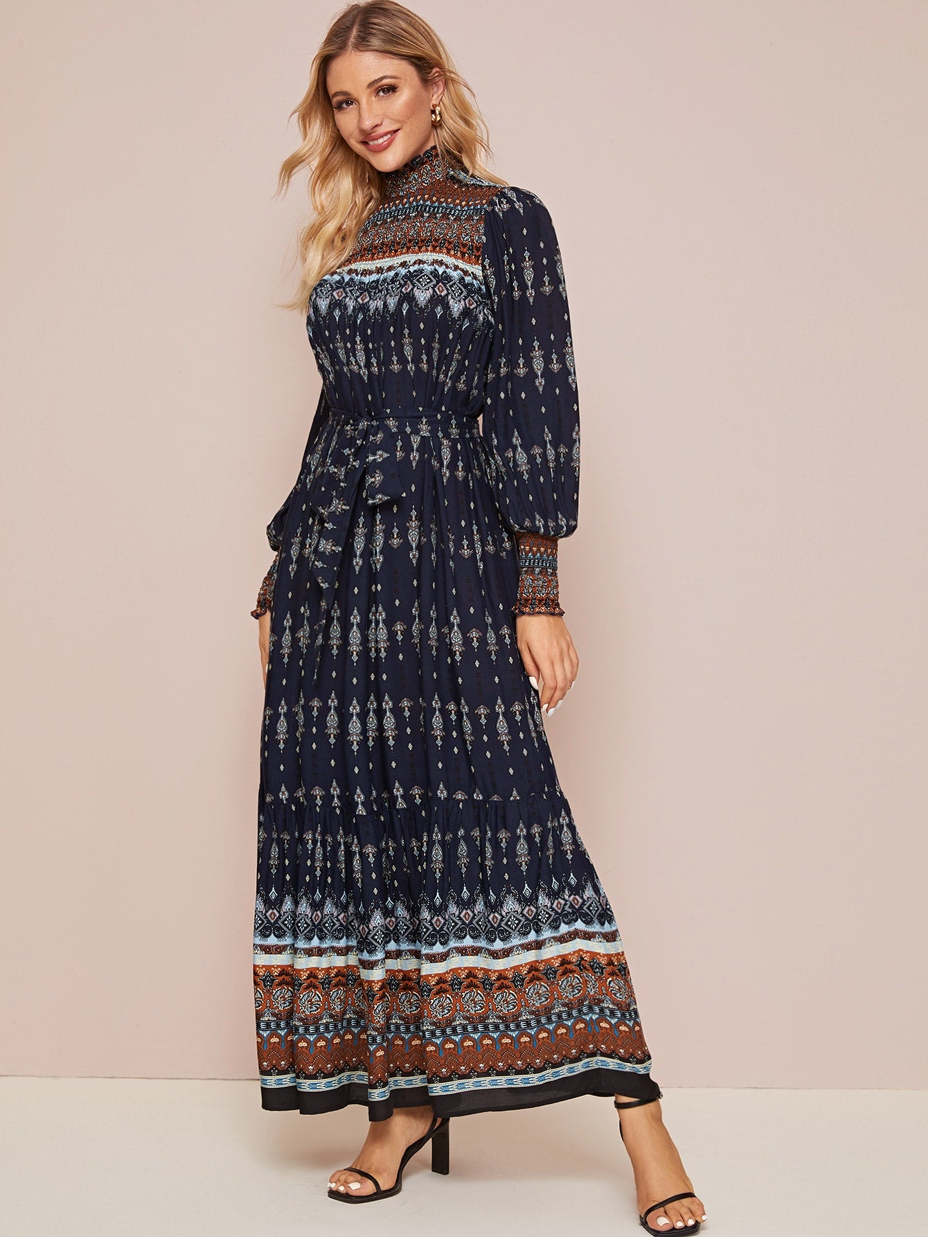Tribal Print Shirred Panel Self Belted Maxi Dress