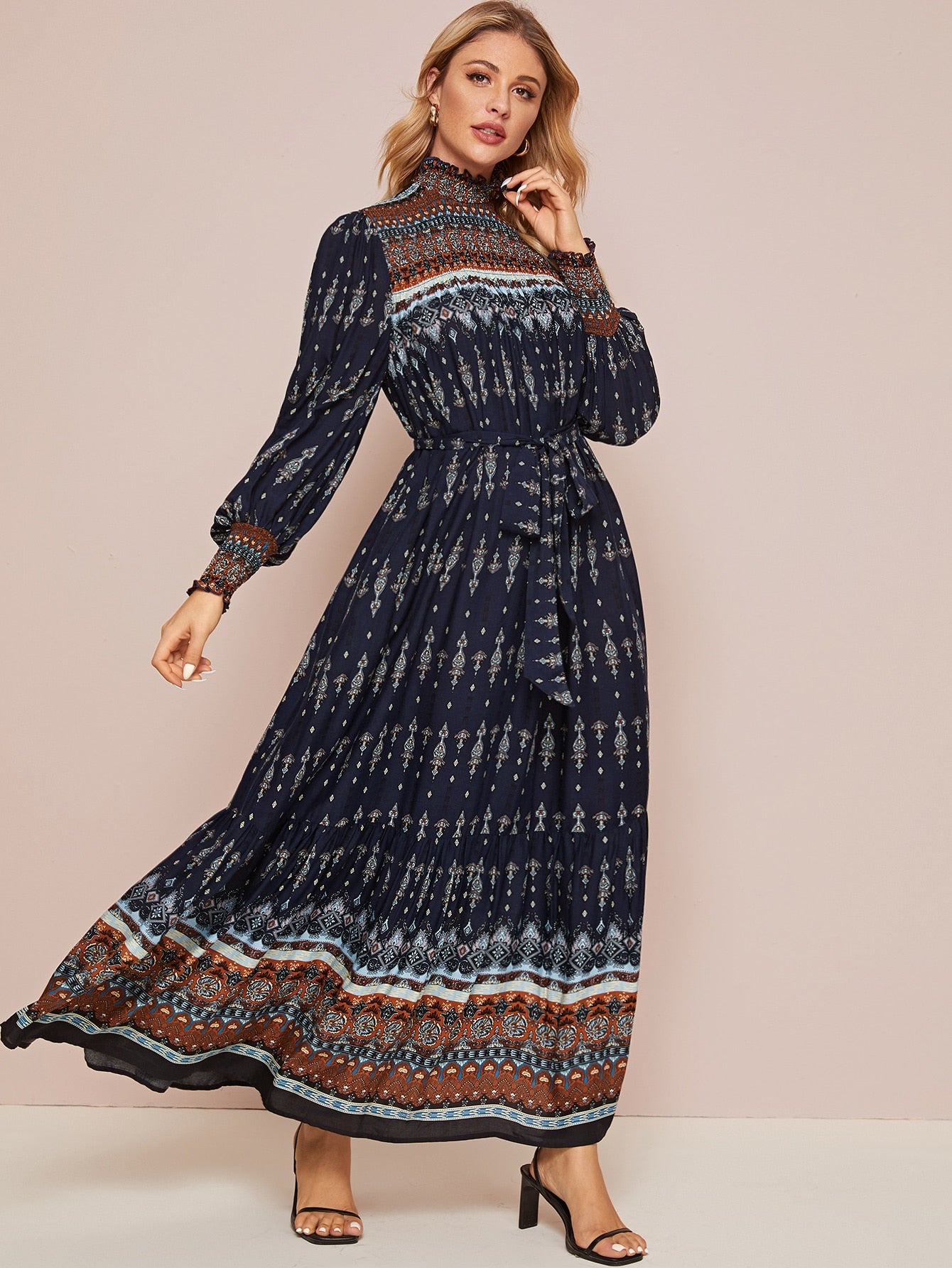 Tribal Print Shirred Panel Self Belted Maxi Dress