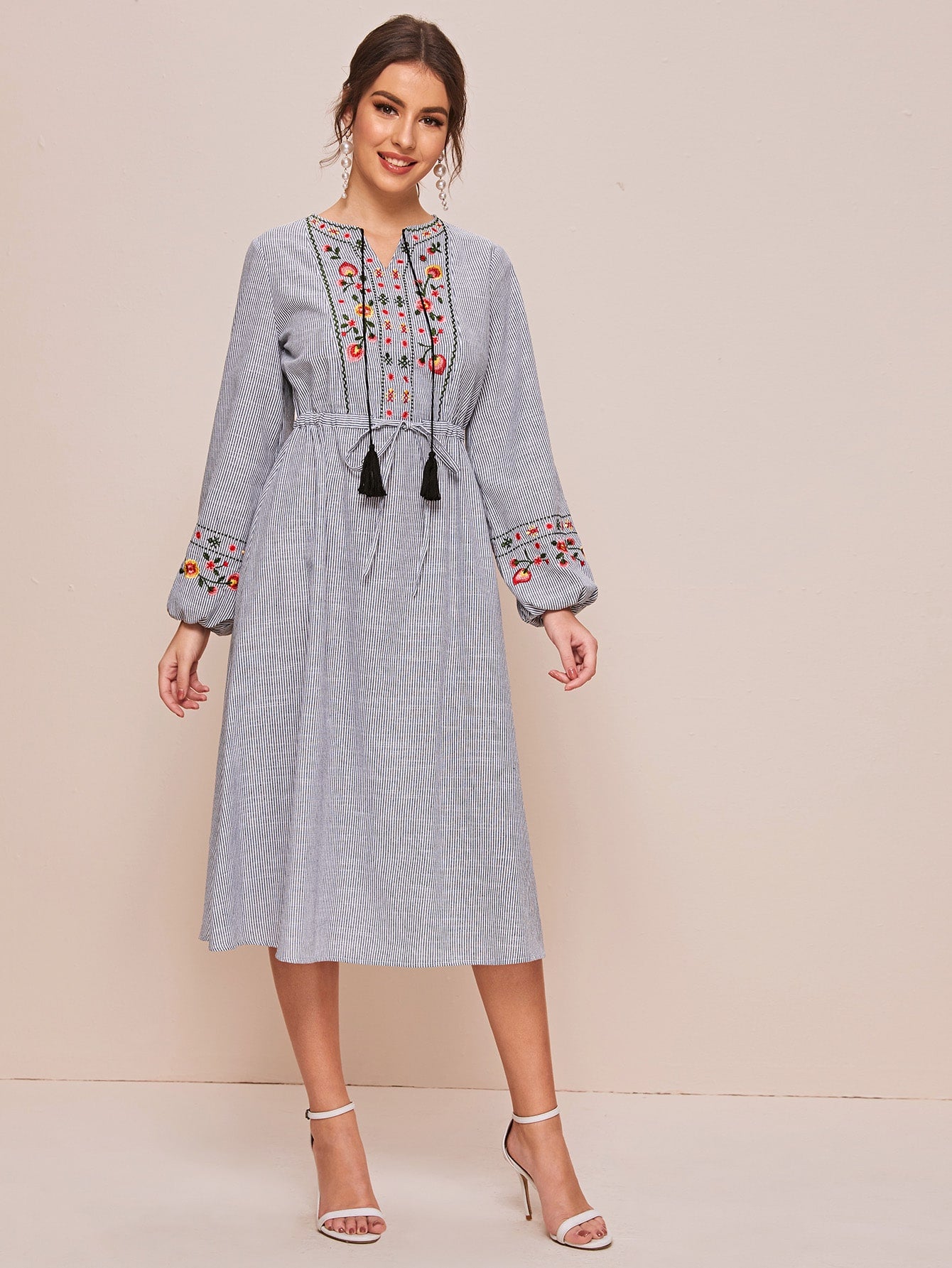 Tassel Tie Neck Embroidered Striped Peasant Dress