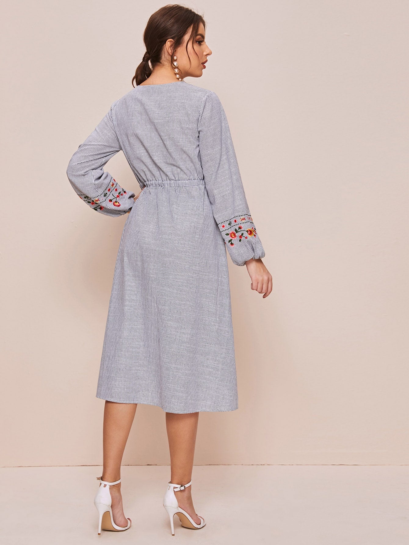 Tassel Tie Neck Embroidered Striped Peasant Dress