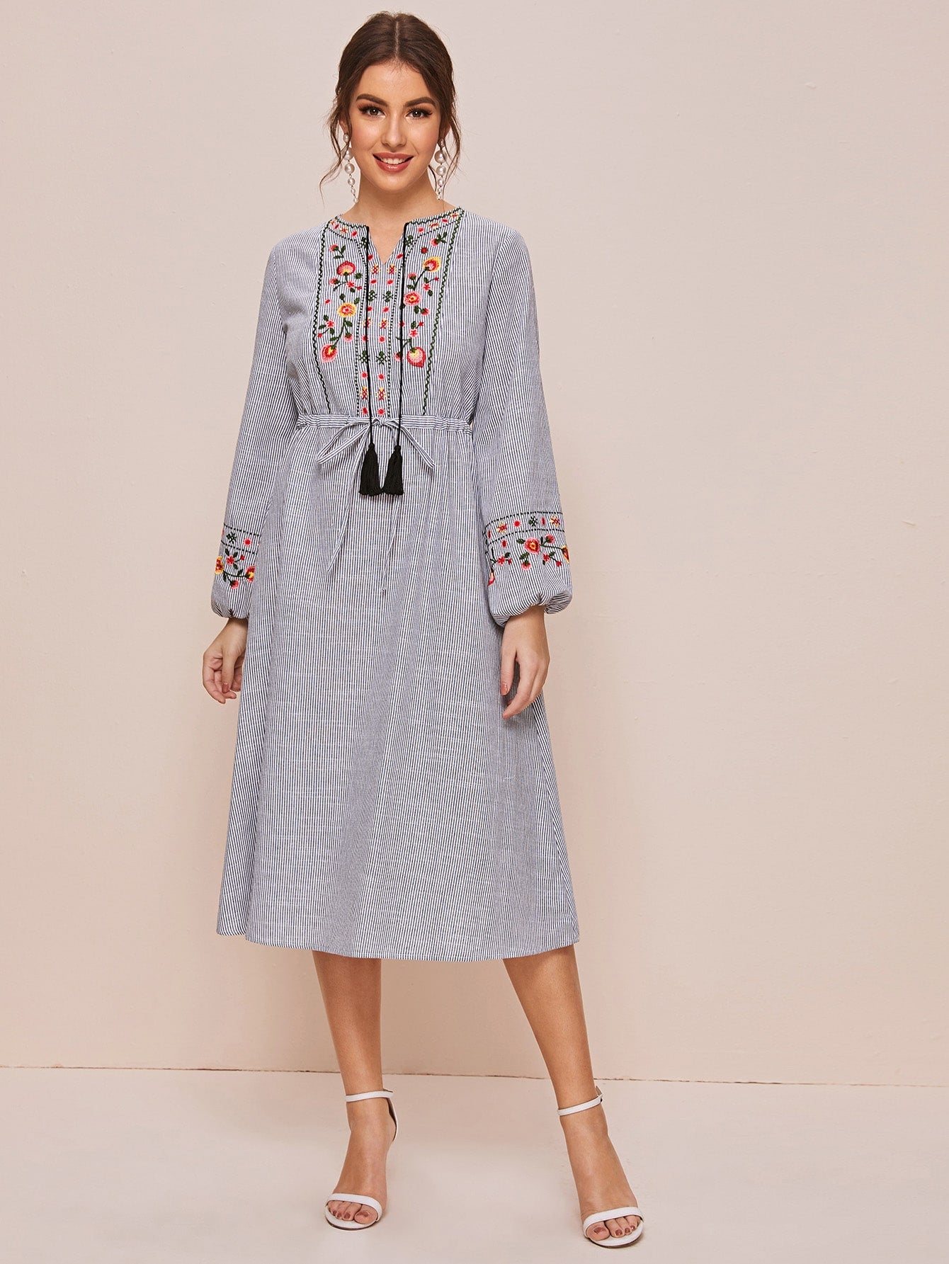 Tassel Tie Neck Embroidered Striped Peasant Dress