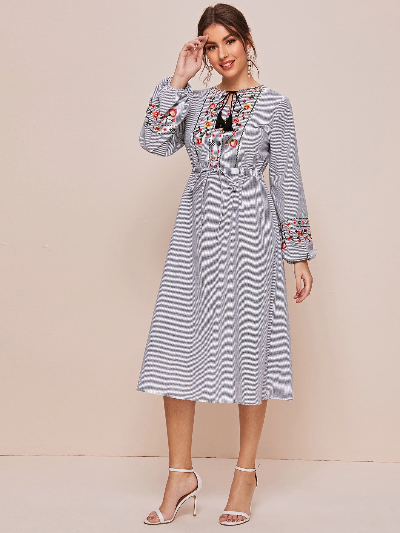 Tassel Tie Neck Embroidered Striped Peasant Dress