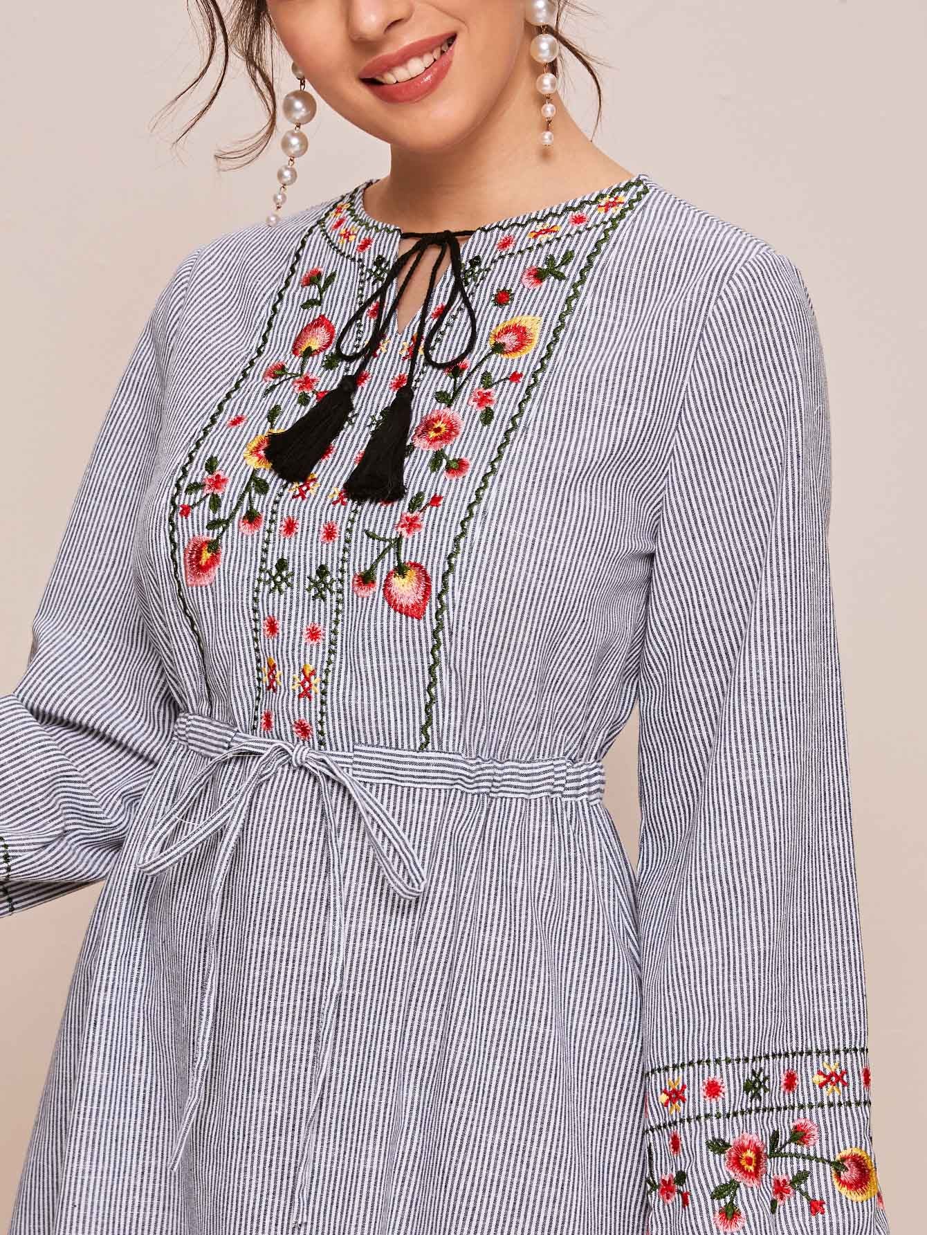 Tassel Tie Neck Embroidered Striped Peasant Dress