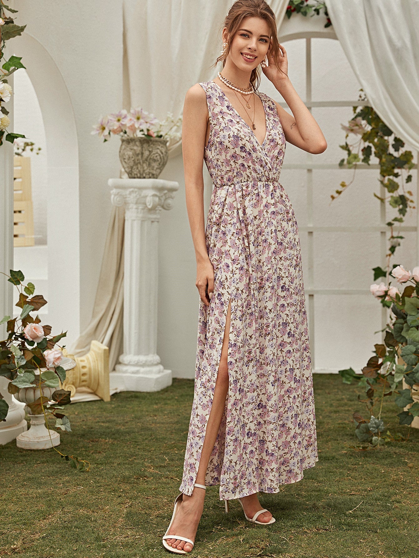 Floral Print Split Hem Surplice Dress