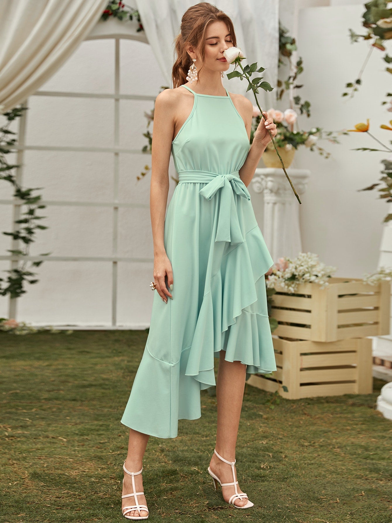 Asymmetrical Hem Ruffle Trim Belted Halter Dress Amy's Cart Asymmetrical Hem Ruffle Trim Belted Halter Dress Amy's Cart