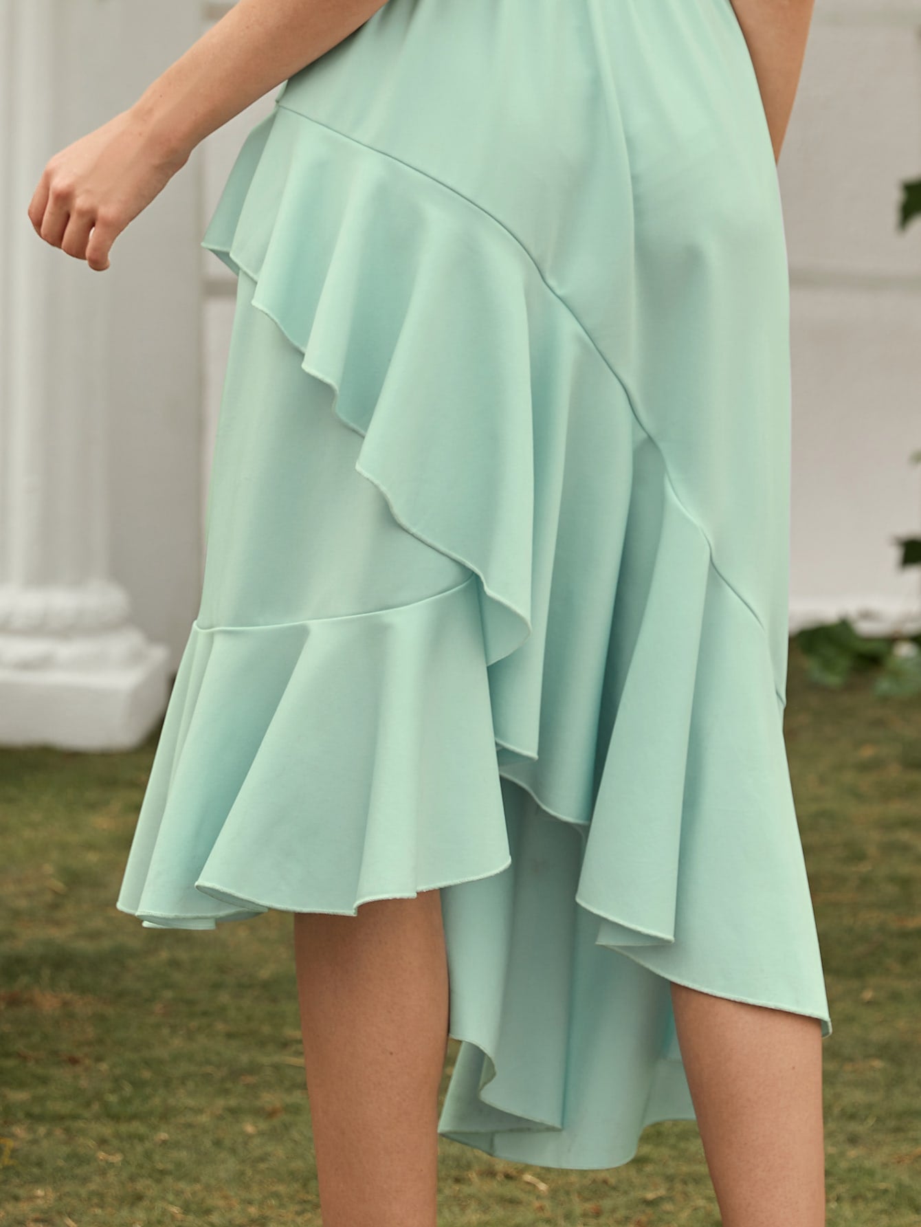 Asymmetrical Hem Ruffle Trim Belted Halter Dress