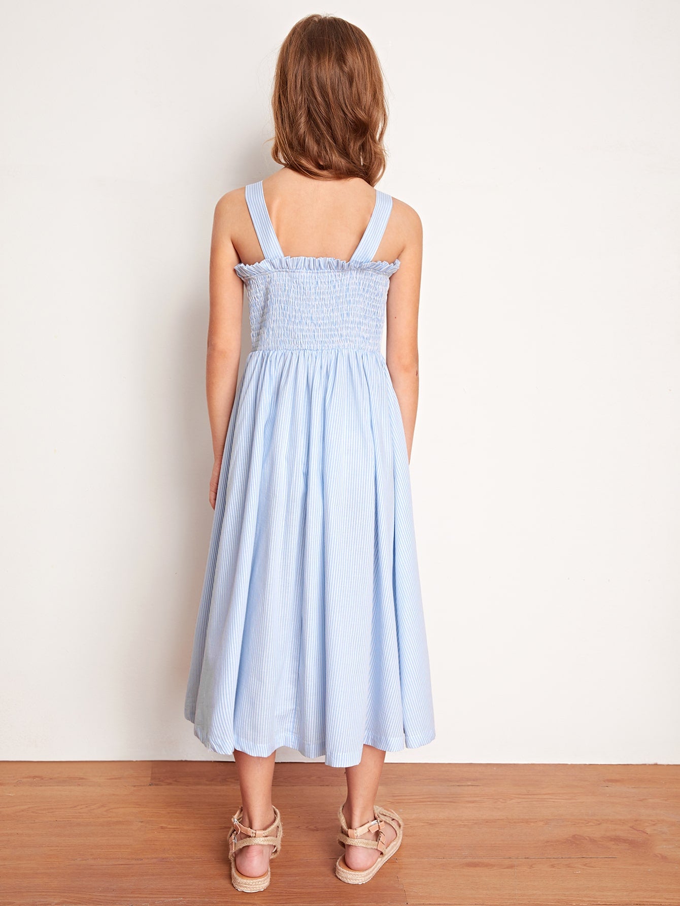 Girls Ruffle Trim Buttoned Front Shirred Back Striped Dress
