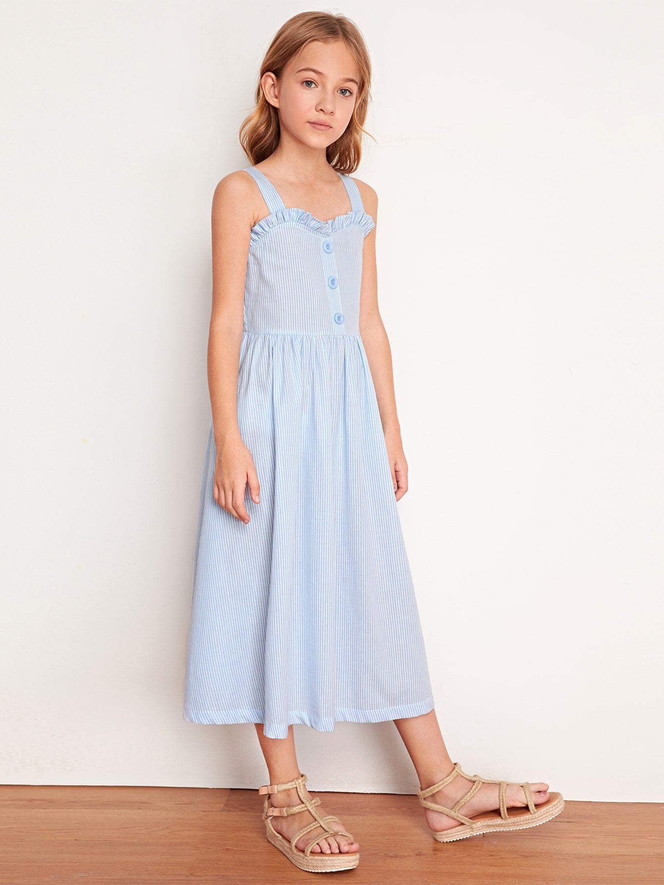 Girls Ruffle Trim Buttoned Front Shirred Back Striped Dress